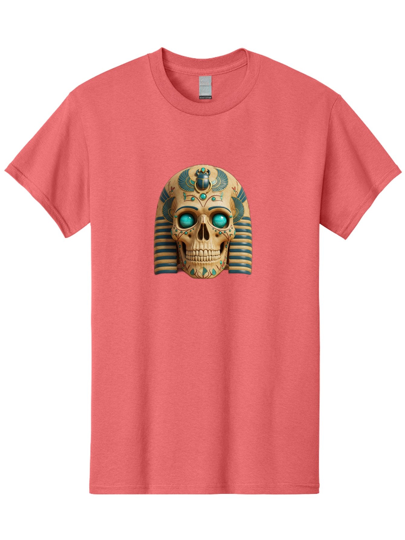 Skull-With-Egyptian-Headdress Men'S Graphic Tee, 100% Cotton, Comfortable Casual Summer Wear, Machine Washable, Ancient Egyptian Skull, Pharaoh'S Mask, Turquoise Gemstones, Blue Stripes, Scarab Beetle, Mystical Symbols, Intricate Designs, Bad608 13