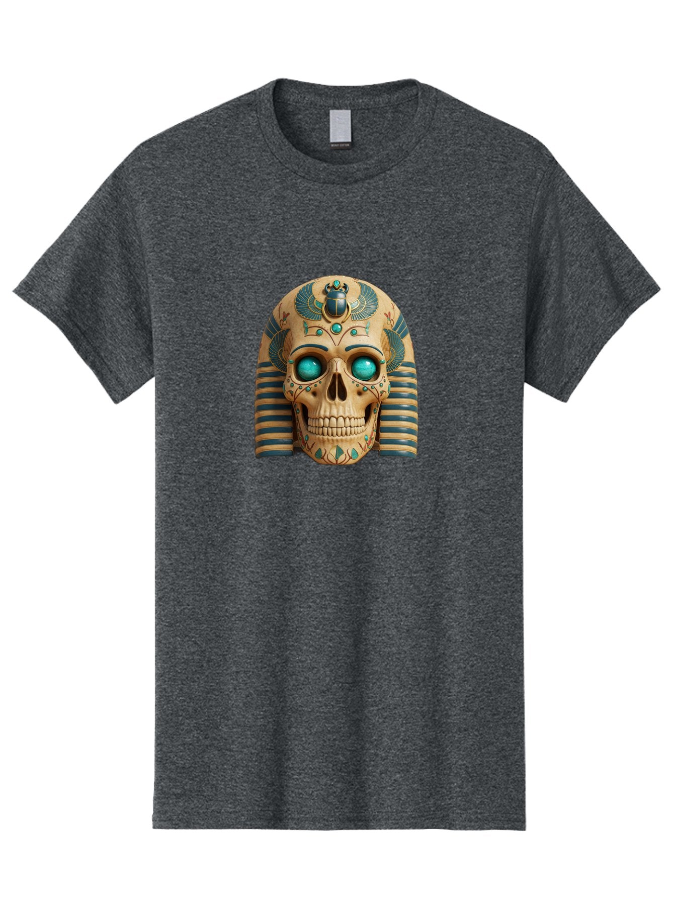 Skull-With-Egyptian-Headdress Men'S Graphic Tee, 100% Cotton, Comfortable Casual Summer Wear, Machine Washable, Ancient Egyptian Skull, Pharaoh'S Mask, Turquoise Gemstones, Blue Stripes, Scarab Beetle, Mystical Symbols, Intricate Designs, Bad608 4