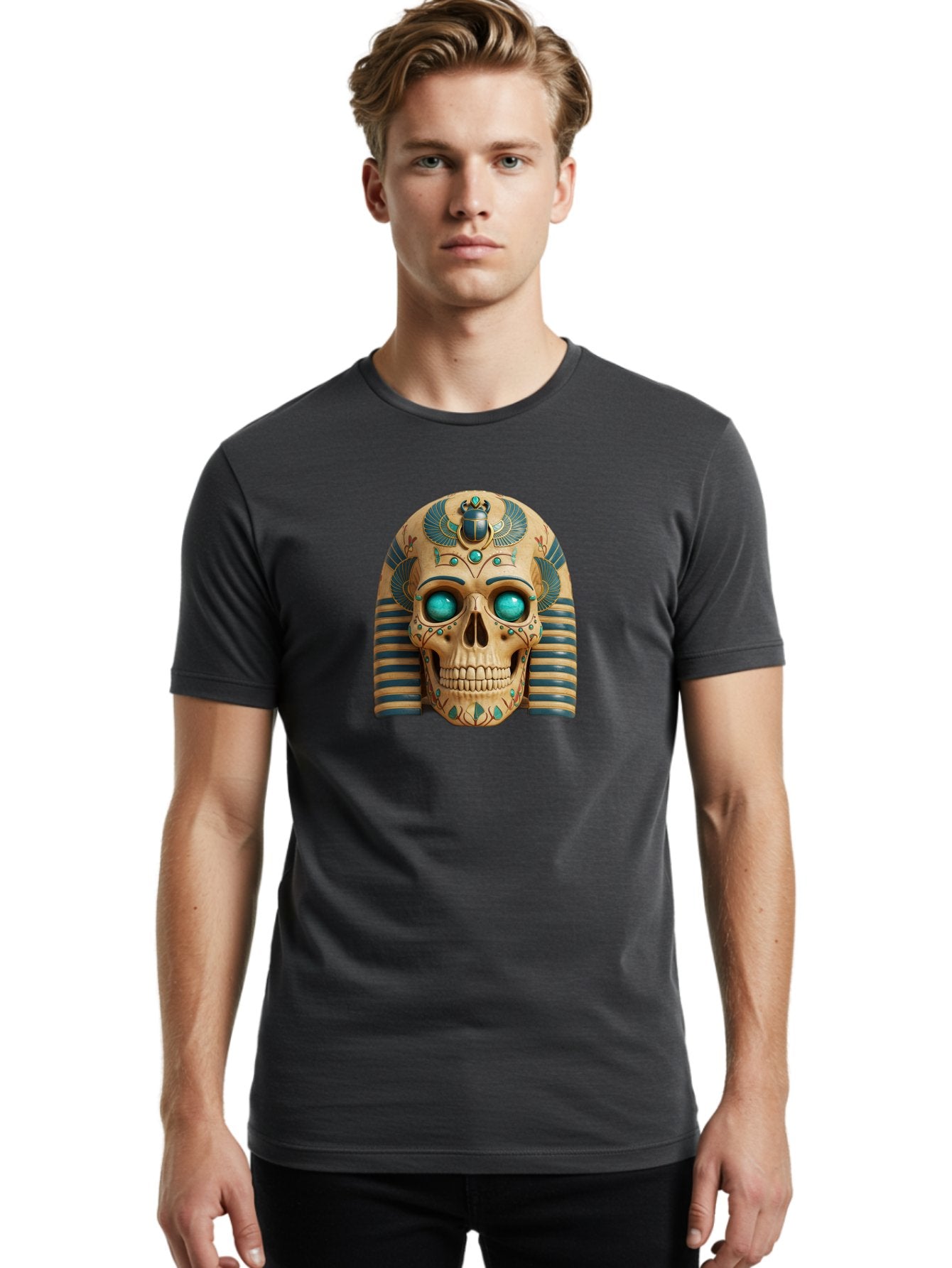 Skull-With-Egyptian-Headdress Men'S Graphic Tee, 100% Cotton, Comfortable Casual Summer Wear, Machine Washable, Ancient Egyptian Skull, Pharaoh'S Mask, Turquoise Gemstones, Blue Stripes, Scarab Beetle, Mystical Symbols, Intricate Designs, Bad608 18