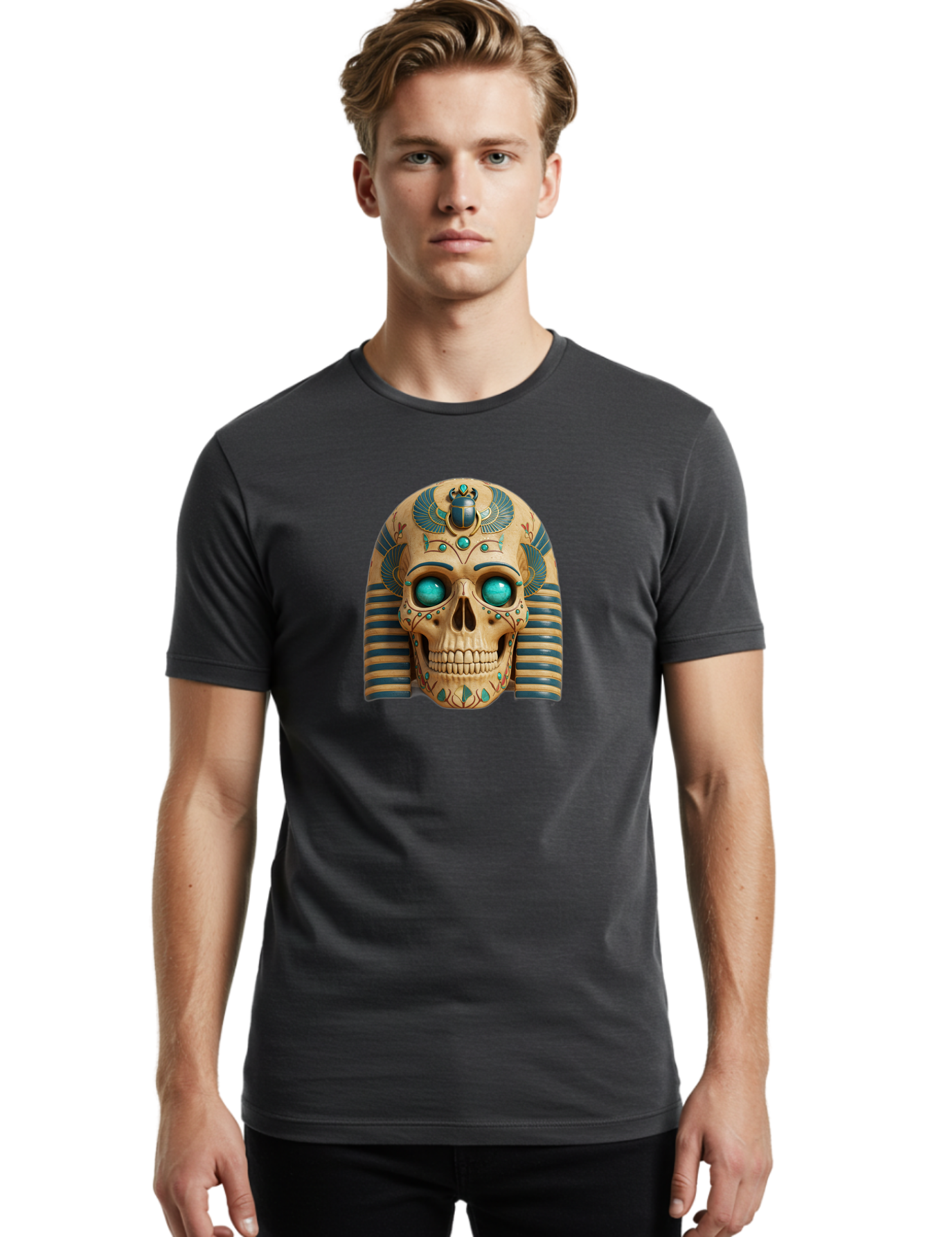 Skull-With-Egyptian-Headdress Men'S Graphic Tee, 100% Cotton, Comfortable Casual Summer Wear, Machine Washable, Ancient Egyptian Skull, Pharaoh'S Mask, Turquoise Gemstones, Blue Stripes, Scarab Beetle, Mystical Symbols, Intricate Designs, Bad608 27