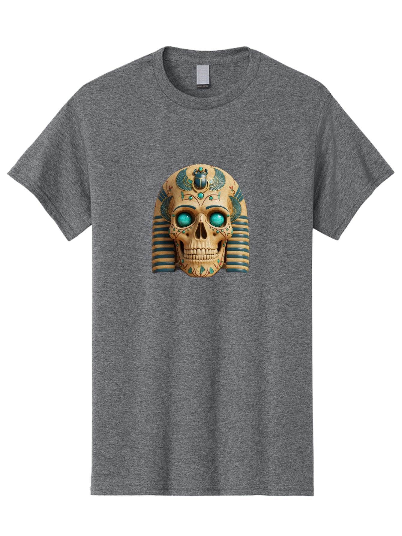 Skull-With-Egyptian-Headdress Men'S Graphic Tee, 100% Cotton, Comfortable Casual Summer Wear, Machine Washable, Ancient Egyptian Skull, Pharaoh'S Mask, Turquoise Gemstones, Blue Stripes, Scarab Beetle, Mystical Symbols, Intricate Designs, Bad608 10