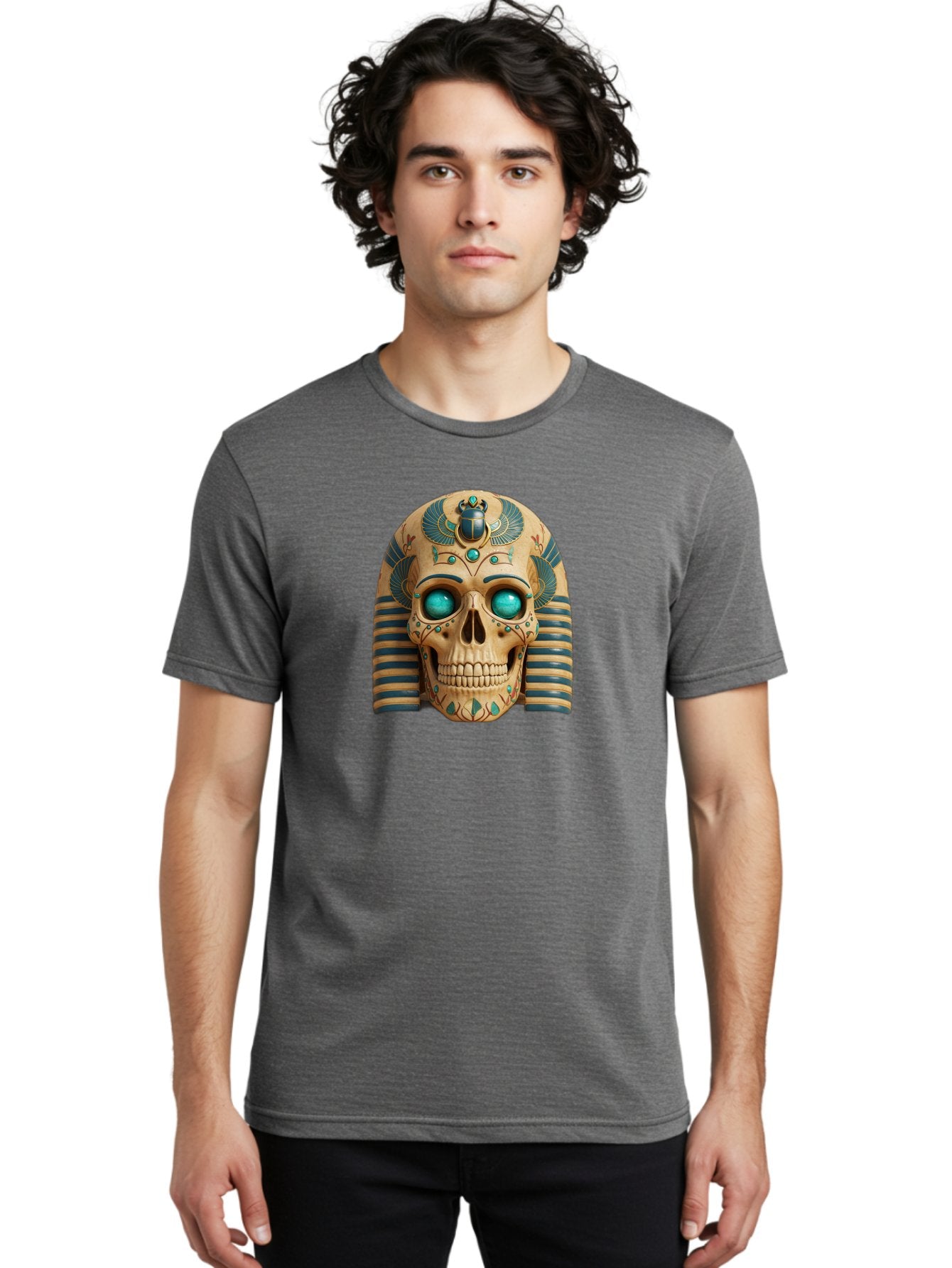 Skull-With-Egyptian-Headdress Men'S Graphic Tee, 100% Cotton, Comfortable Casual Summer Wear, Machine Washable, Ancient Egyptian Skull, Pharaoh'S Mask, Turquoise Gemstones, Blue Stripes, Scarab Beetle, Mystical Symbols, Intricate Designs, Bad608 17
