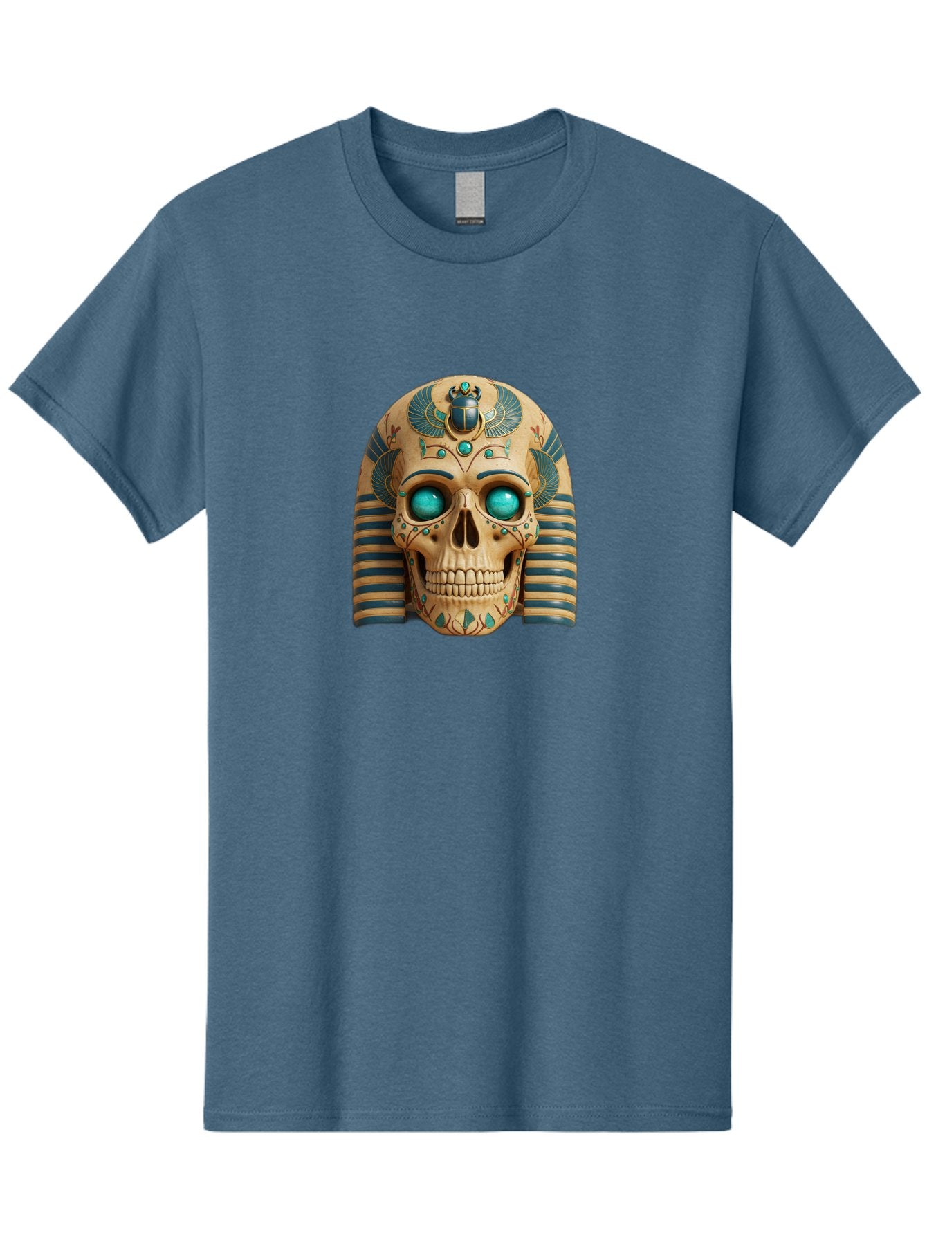 Skull-With-Egyptian-Headdress Men'S Graphic Tee, 100% Cotton, Comfortable Casual Summer Wear, Machine Washable, Ancient Egyptian Skull, Pharaoh'S Mask, Turquoise Gemstones, Blue Stripes, Scarab Beetle, Mystical Symbols, Intricate Designs, Bad608 5