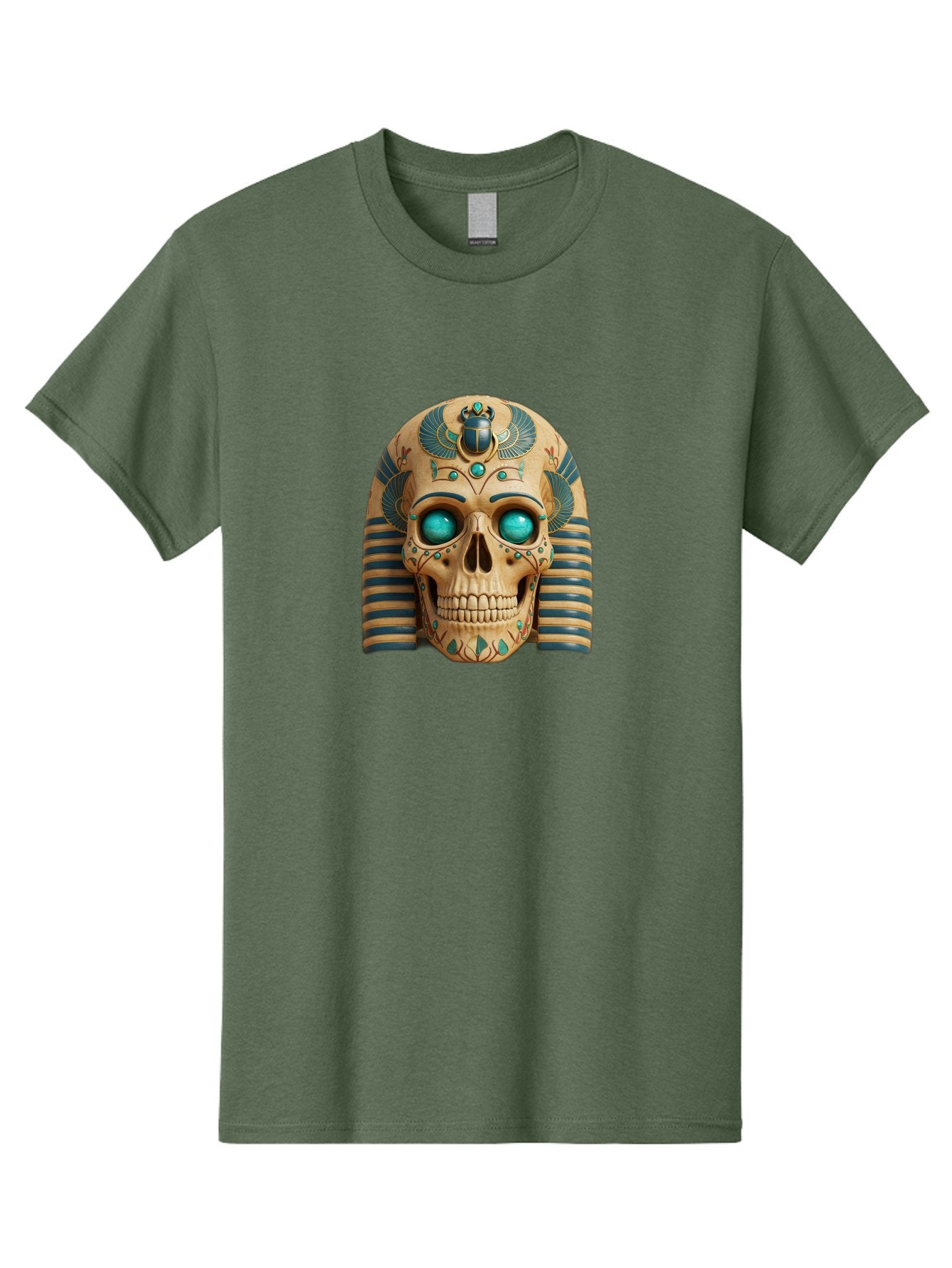 Skull-With-Egyptian-Headdress Men'S Graphic Tee, 100% Cotton, Comfortable Casual Summer Wear, Machine Washable, Ancient Egyptian Skull, Pharaoh'S Mask, Turquoise Gemstones, Blue Stripes, Scarab Beetle, Mystical Symbols, Intricate Designs, Bad608 11