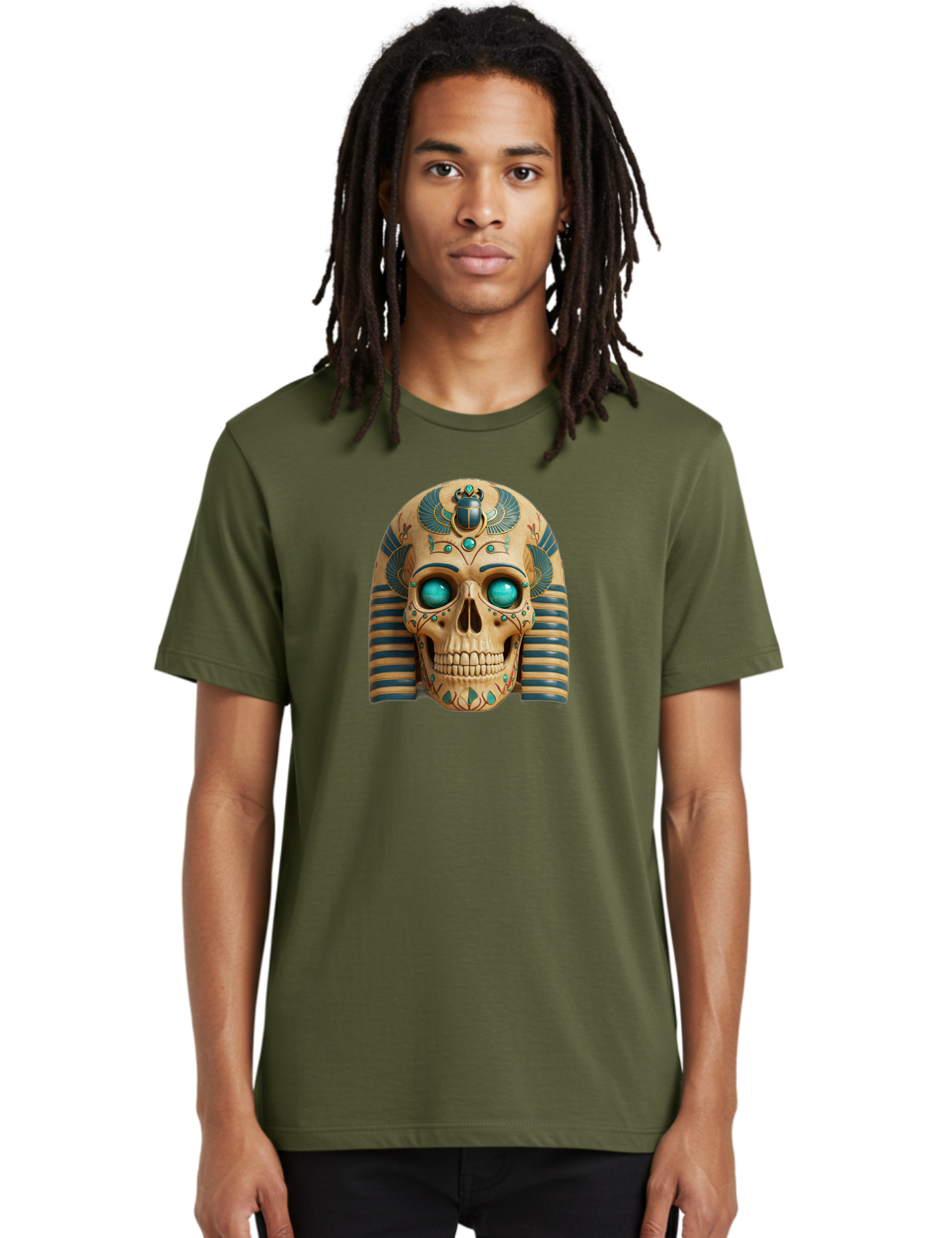 Skull-With-Egyptian-Headdress Men'S Graphic Tee, 100% Cotton, Comfortable Casual Summer Wear, Machine Washable, Ancient Egyptian Skull, Pharaoh'S Mask, Turquoise Gemstones, Blue Stripes, Scarab Beetle, Mystical Symbols, Intricate Designs, Bad608 19