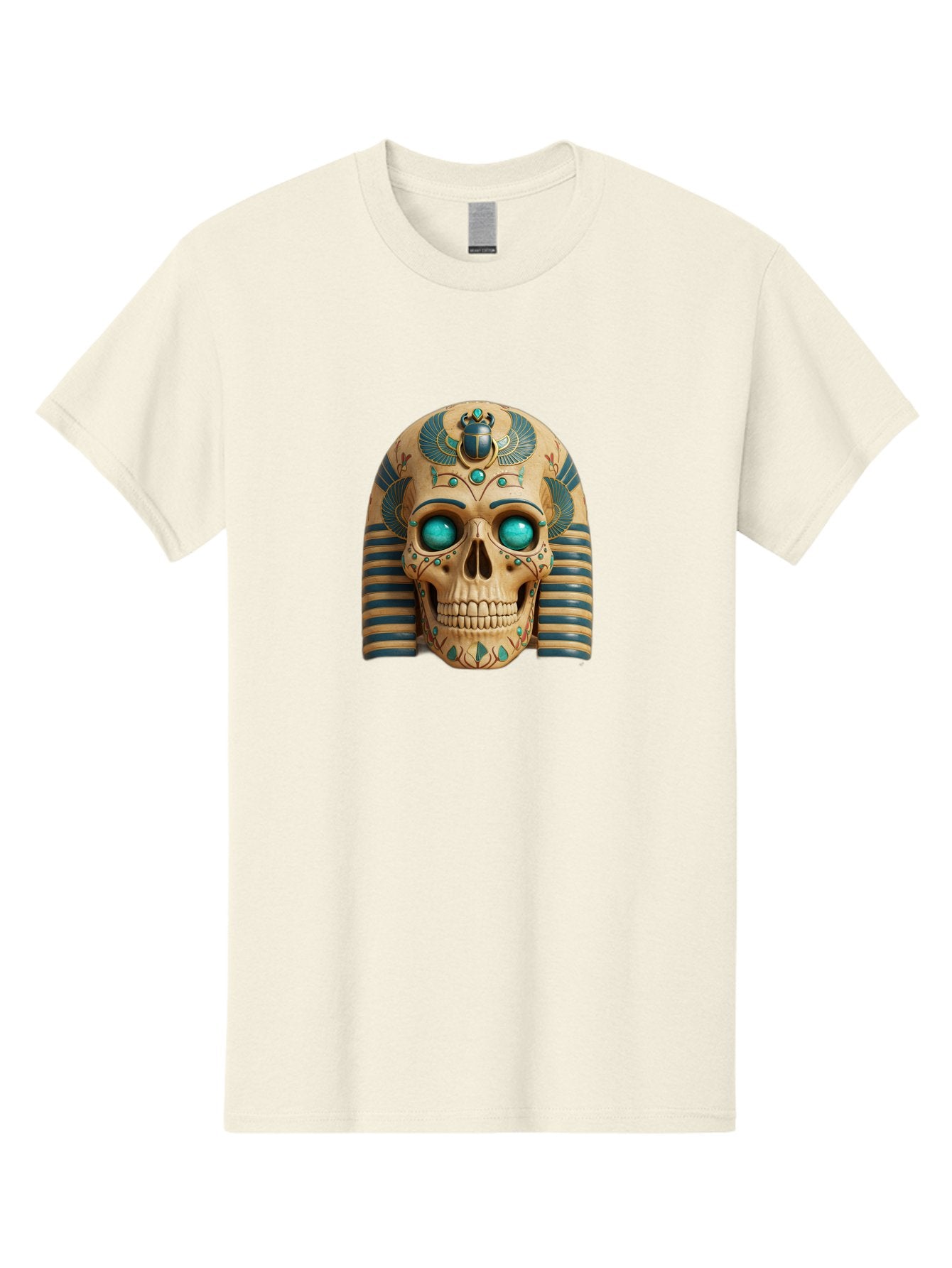 Skull-With-Egyptian-Headdress Men'S Graphic Tee, 100% Cotton, Comfortable Casual Summer Wear, Machine Washable, Ancient Egyptian Skull, Pharaoh'S Mask, Turquoise Gemstones, Blue Stripes, Scarab Beetle, Mystical Symbols, Intricate Designs, Bad608