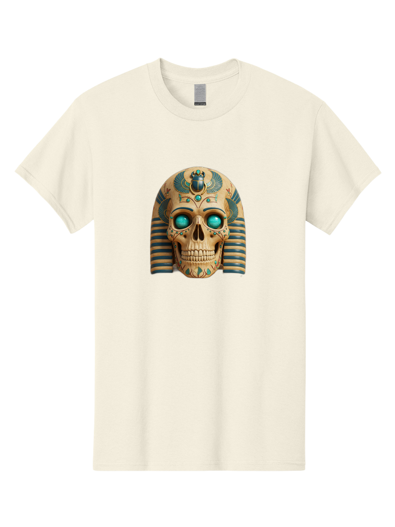 Skull-With-Egyptian-Headdress Men'S Graphic Tee, 100% Cotton, Comfortable Casual Summer Wear, Machine Washable, Ancient Egyptian Skull, Pharaoh'S Mask, Turquoise Gemstones, Blue Stripes, Scarab Beetle, Mystical Symbols, Intricate Designs, Bad608 10