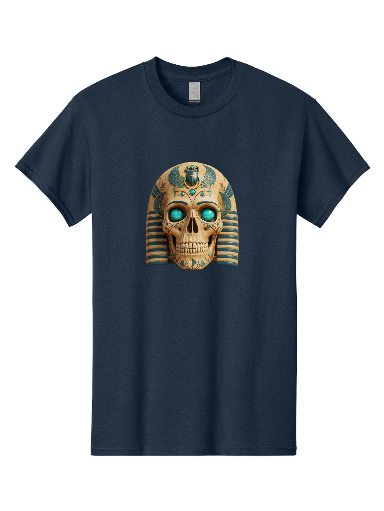 Skull-With-Egyptian-Headdress Men'S Graphic Tee, 100% Cotton, Comfortable Casual Summer Wear, Machine Washable, Ancient Egyptian Skull, Pharaoh'S Mask, Turquoise Gemstones, Blue Stripes, Scarab Beetle, Mystical Symbols, Intricate Designs, Bad608 6