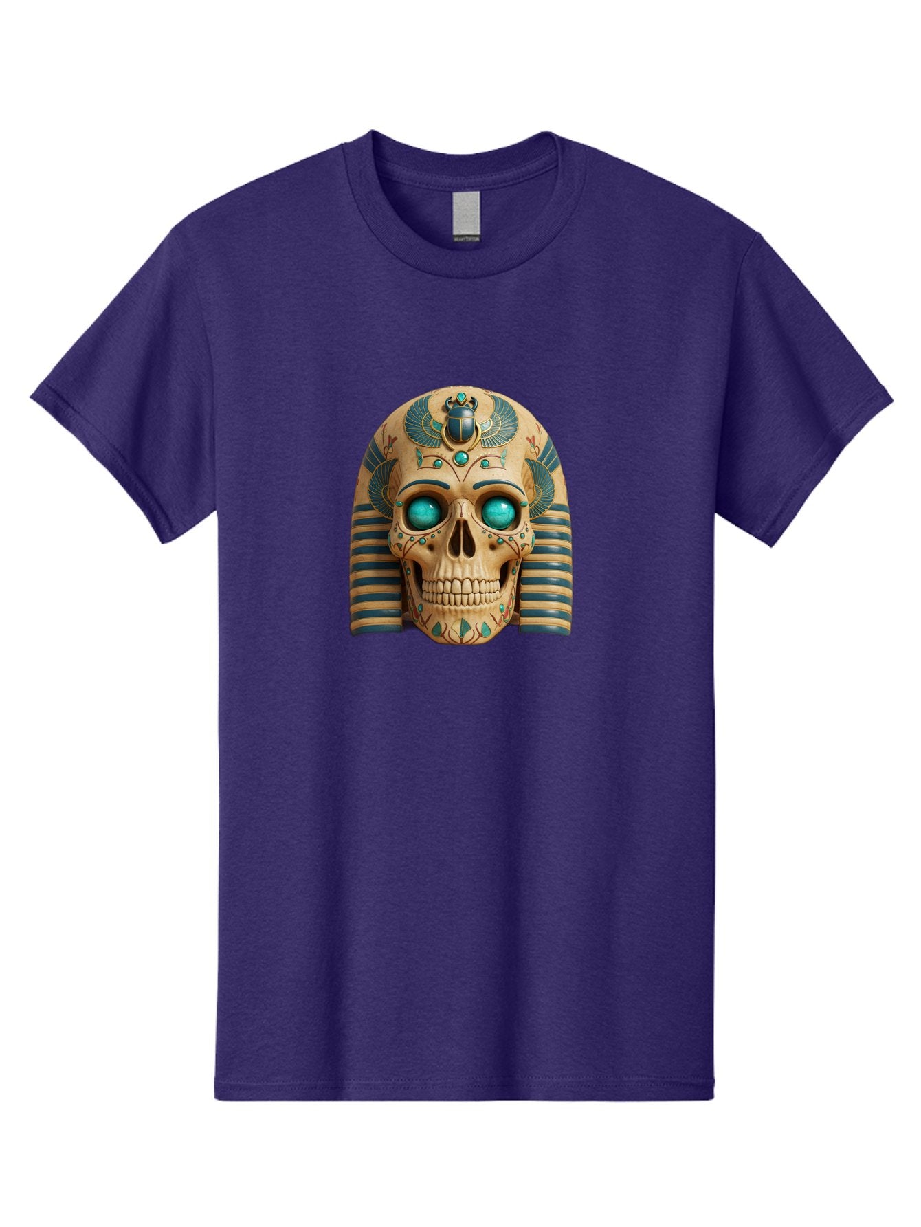 Skull-With-Egyptian-Headdress Men'S Graphic Tee, 100% Cotton, Comfortable Casual Summer Wear, Machine Washable, Ancient Egyptian Skull, Pharaoh'S Mask, Turquoise Gemstones, Blue Stripes, Scarab Beetle, Mystical Symbols, Intricate Designs, Bad608 14