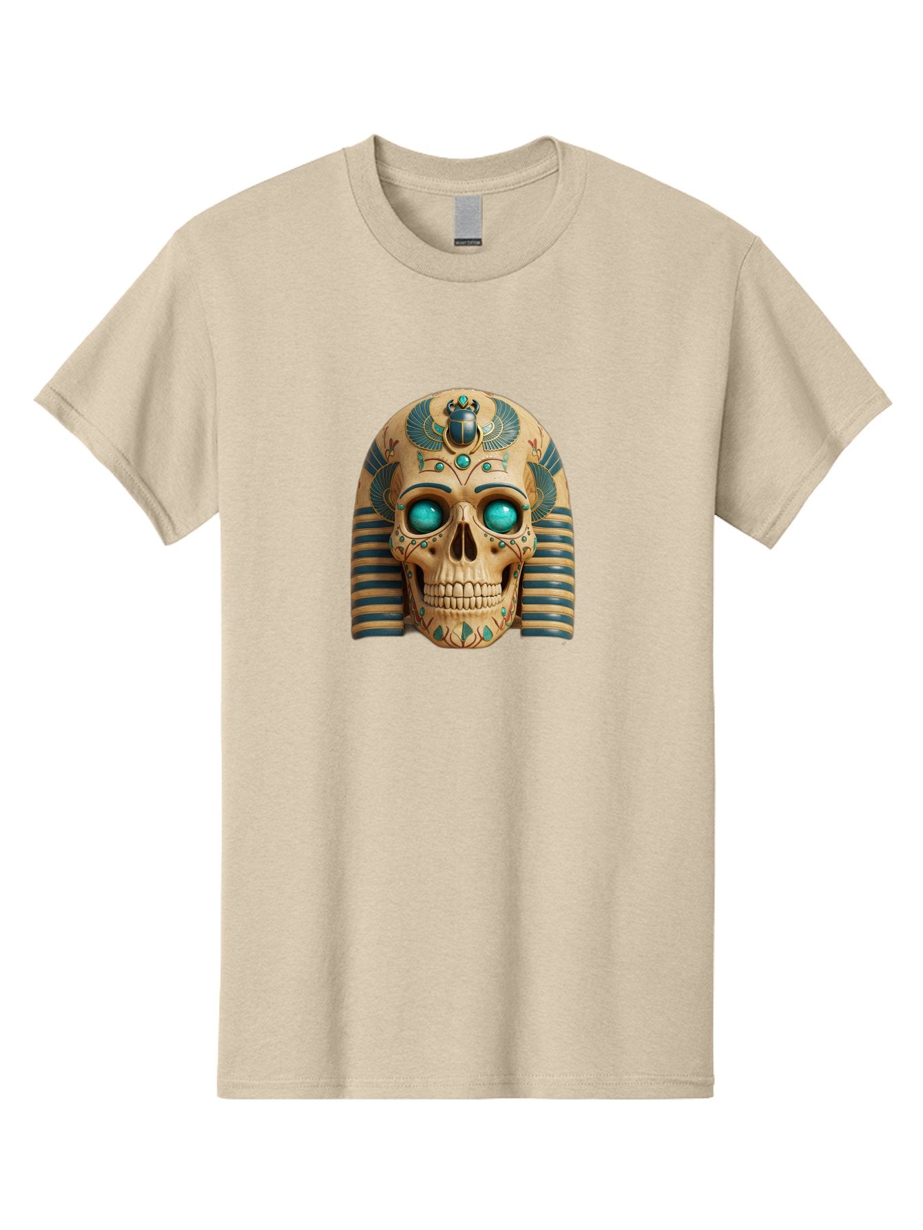 Skull-With-Egyptian-Headdress Men'S Graphic Tee, 100% Cotton, Comfortable Casual Summer Wear, Machine Washable, Ancient Egyptian Skull, Pharaoh'S Mask, Turquoise Gemstones, Blue Stripes, Scarab Beetle, Mystical Symbols, Intricate Designs, Bad608 15