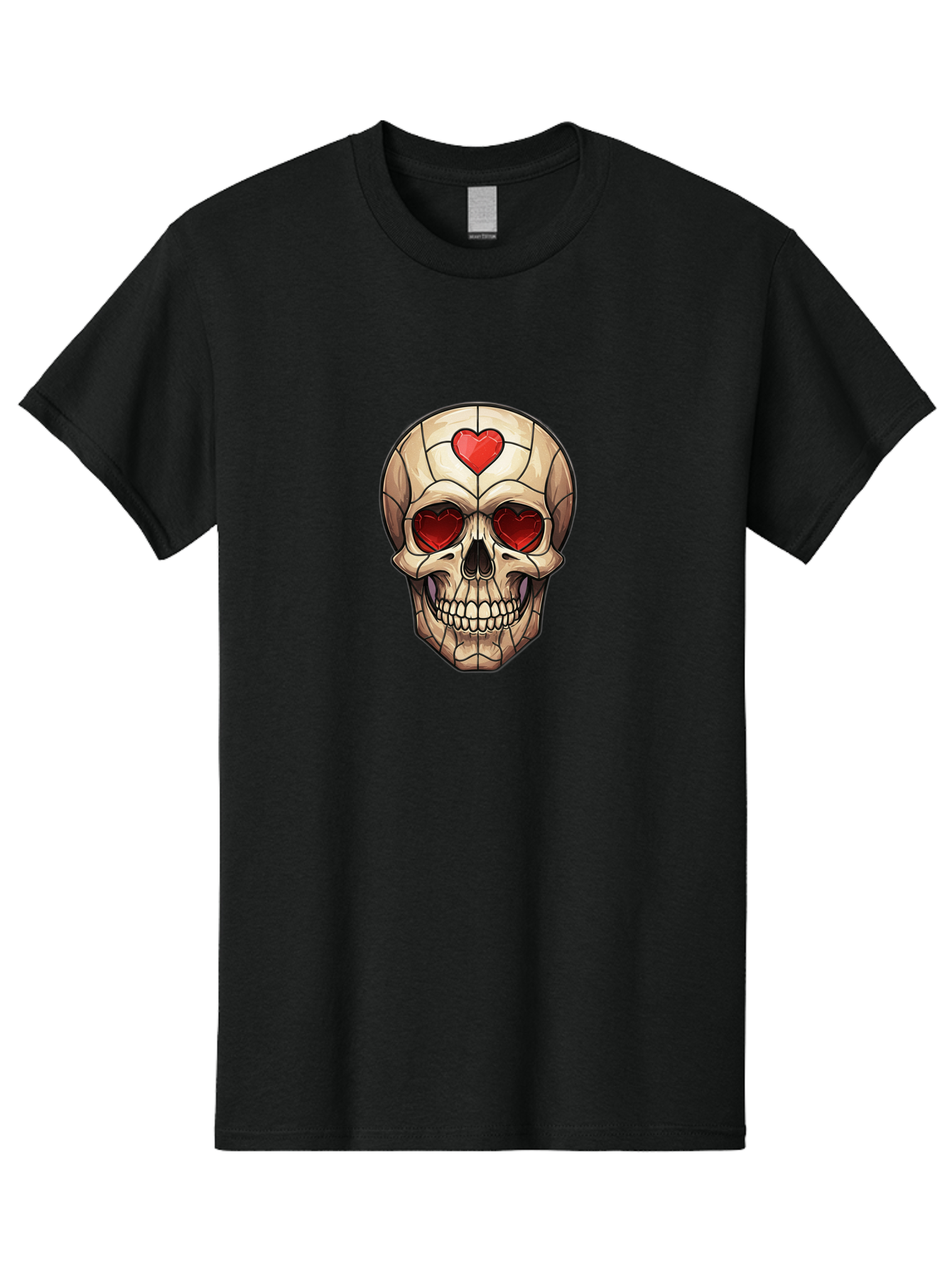 Skull-With-Heart-Eyes Men'S Graphic Tee, 100% Cotton, Comfortable Casual Summer Wear, Machine Washable, Cartoon Skull, Red Heart Eyes, Love Symbol, Grunge Art, Edgy Design, Tattoo Inspiration, Gothic Style, Heart-Shaped Eyes, Skull Art, Bad609 14