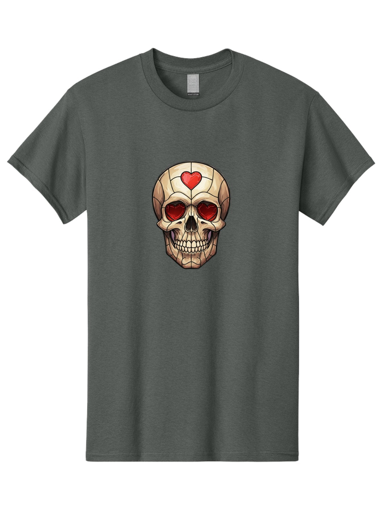 Skull-With-Heart-Eyes Men'S Graphic Tee, 100% Cotton, Comfortable Casual Summer Wear, Machine Washable, Cartoon Skull, Red Heart Eyes, Love Symbol, Grunge Art, Edgy Design, Tattoo Inspiration, Gothic Style, Heart-Shaped Eyes, Skull Art, Bad609 11