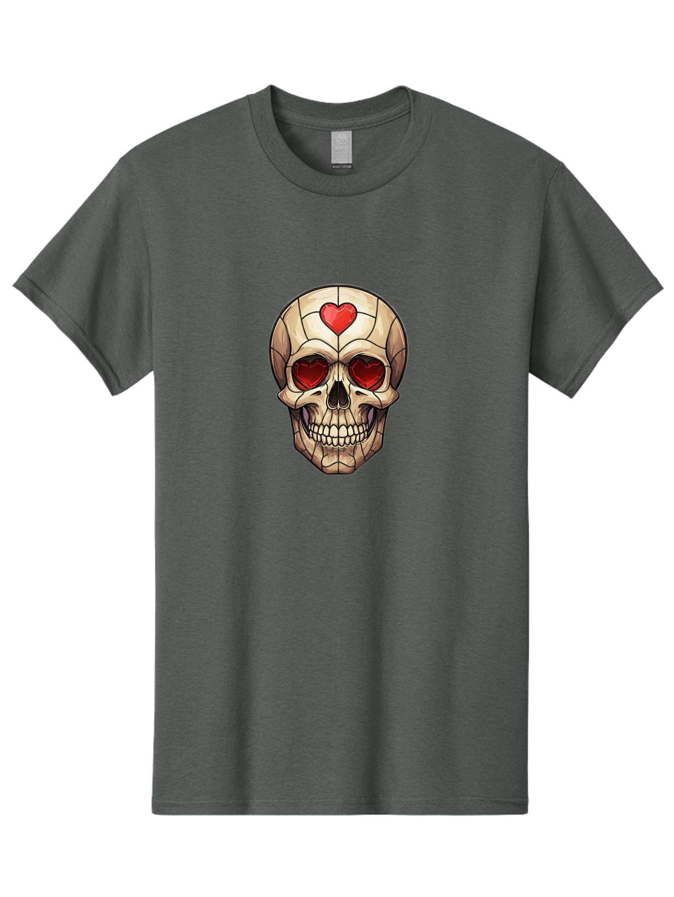 Skull-With-Heart-Eyes Men'S Graphic Tee, 100% Cotton, Comfortable Casual Summer Wear, Machine Washable, Cartoon Skull, Red Heart Eyes, Love Symbol, Grunge Art, Edgy Design, Tattoo Inspiration, Gothic Style, Heart-Shaped Eyes, Skull Art, Bad609 4