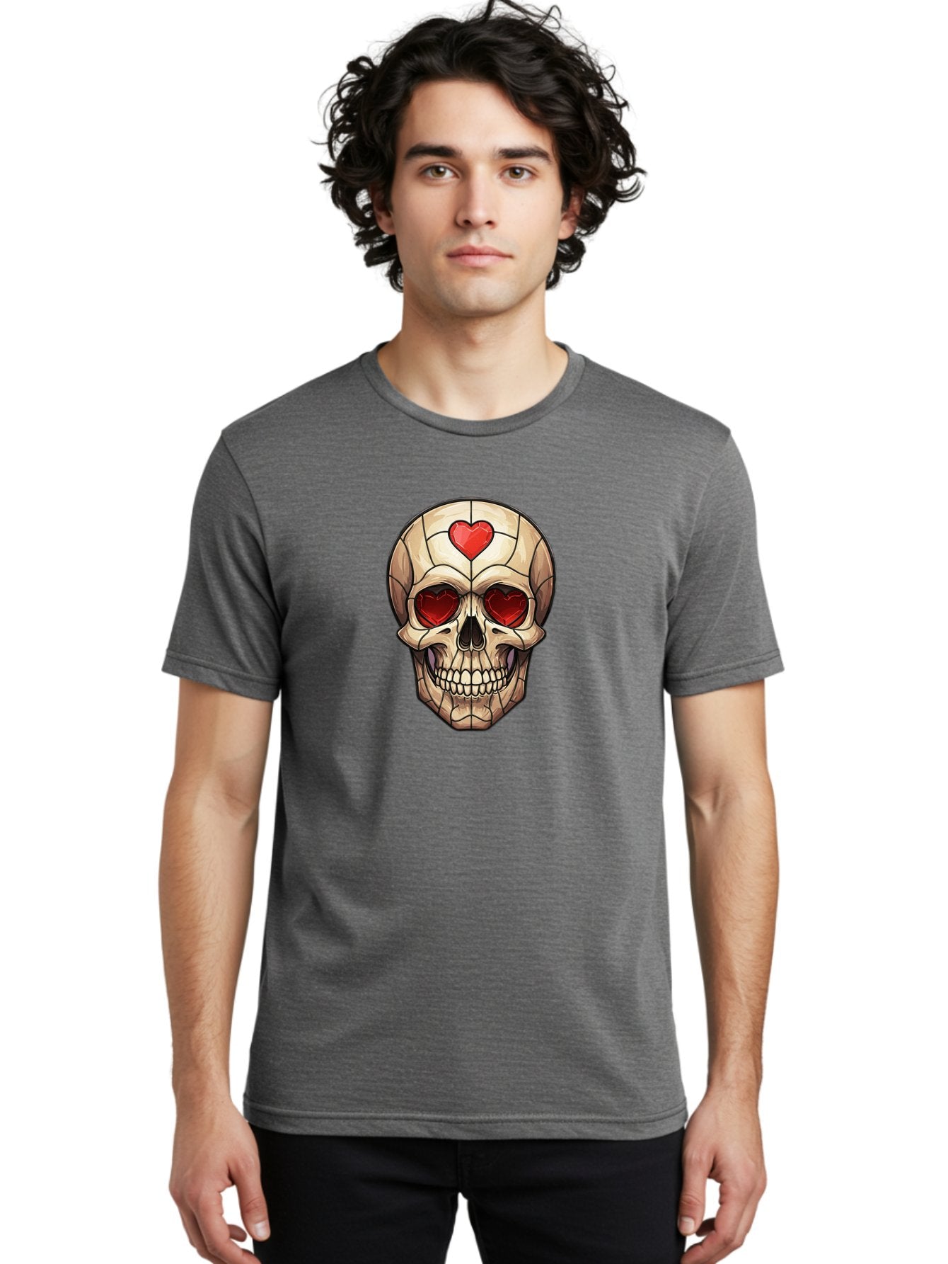 Skull-With-Heart-Eyes Men'S Graphic Tee, 100% Cotton, Comfortable Casual Summer Wear, Machine Washable, Cartoon Skull, Red Heart Eyes, Love Symbol, Grunge Art, Edgy Design, Tattoo Inspiration, Gothic Style, Heart-Shaped Eyes, Skull Art, Bad609 18