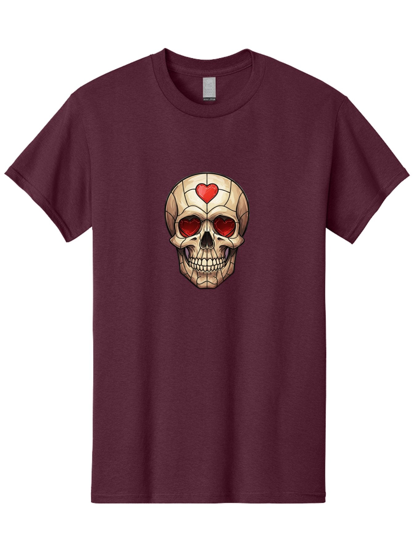 Skull-With-Heart-Eyes Men'S Graphic Tee, 100% Cotton, Comfortable Casual Summer Wear, Machine Washable, Cartoon Skull, Red Heart Eyes, Love Symbol, Grunge Art, Edgy Design, Tattoo Inspiration, Gothic Style, Heart-Shaped Eyes, Skull Art, Bad609