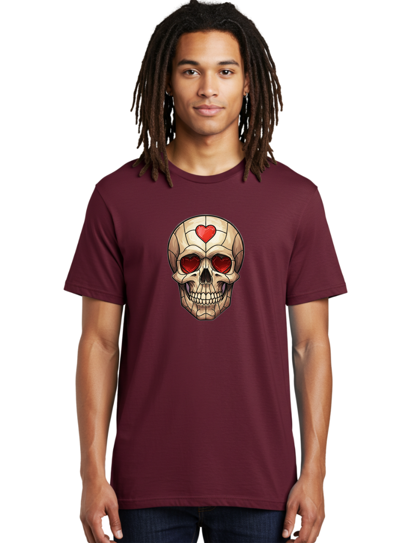 Skull-With-Heart-Eyes Men'S Graphic Tee, 100% Cotton, Comfortable Casual Summer Wear, Machine Washable, Cartoon Skull, Red Heart Eyes, Love Symbol, Grunge Art, Edgy Design, Tattoo Inspiration, Gothic Style, Heart-Shaped Eyes, Skull Art, Bad609 26
