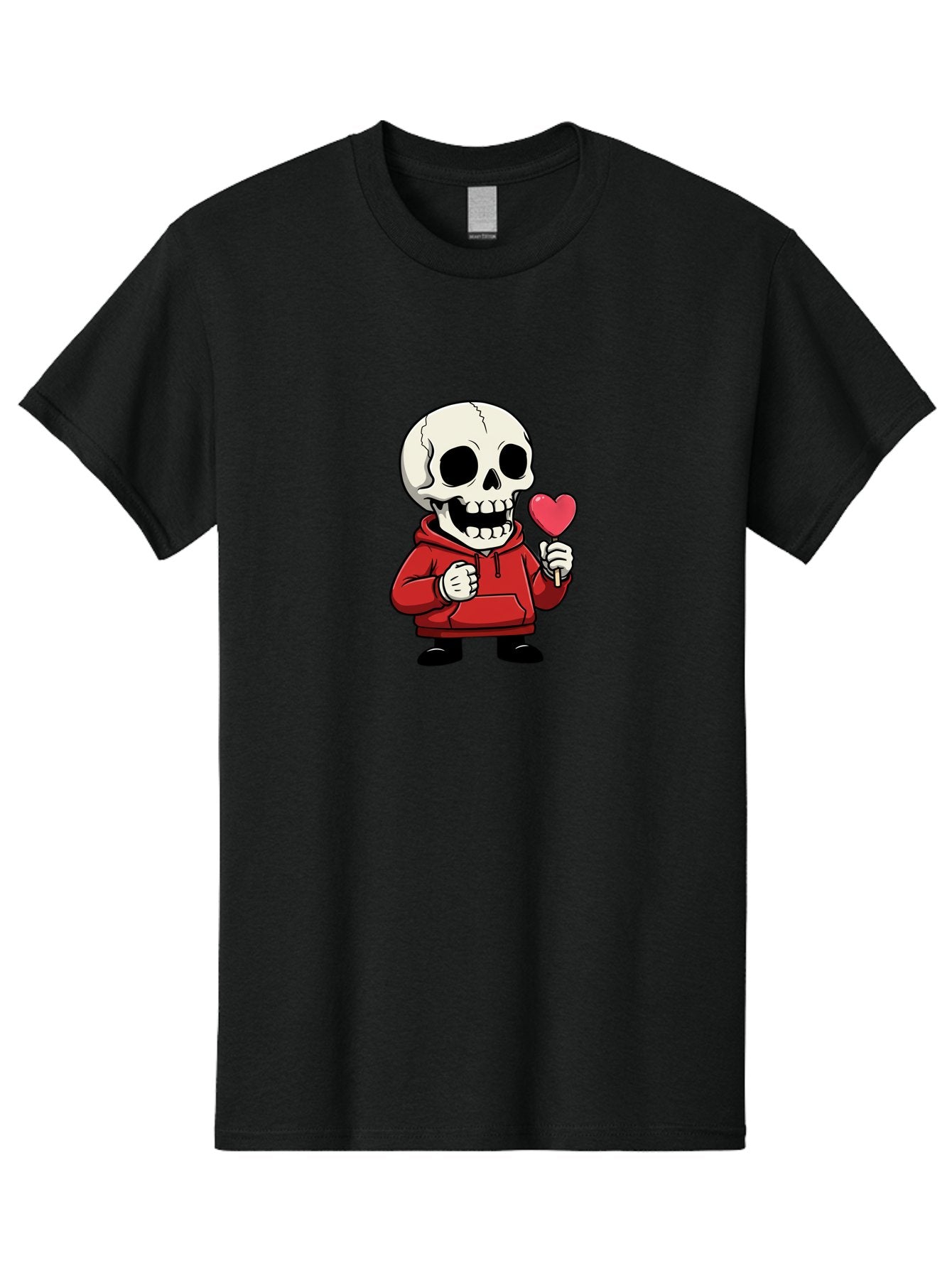 Skull-With-Heart-Lollipop Men'S Graphic Tee, 100% Cotton, Comfortable Casual Summer Wear, Machine Washable, Cartoon Skull, Red Hoodie, Heart-Shaped Lollipop, Sweet Treats, Quirky Character, Friendly Skeleton, Candy On Stick, Cartoon Art, Bad610 3