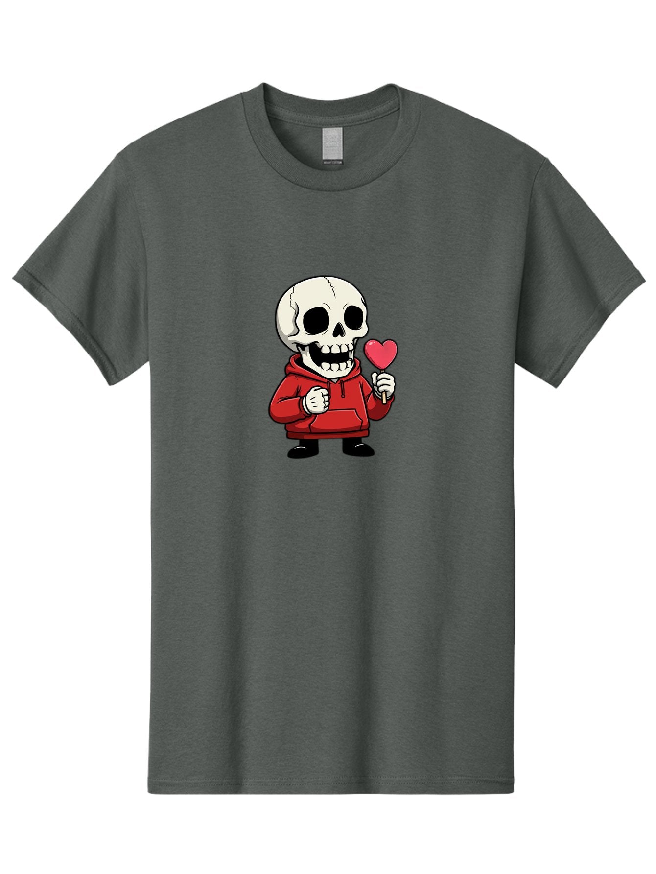 Skull-With-Heart-Lollipop Men'S Graphic Tee, 100% Cotton, Comfortable Casual Summer Wear, Machine Washable, Cartoon Skull, Red Hoodie, Heart-Shaped Lollipop, Sweet Treats, Quirky Character, Friendly Skeleton, Candy On Stick, Cartoon Art, Bad610 11