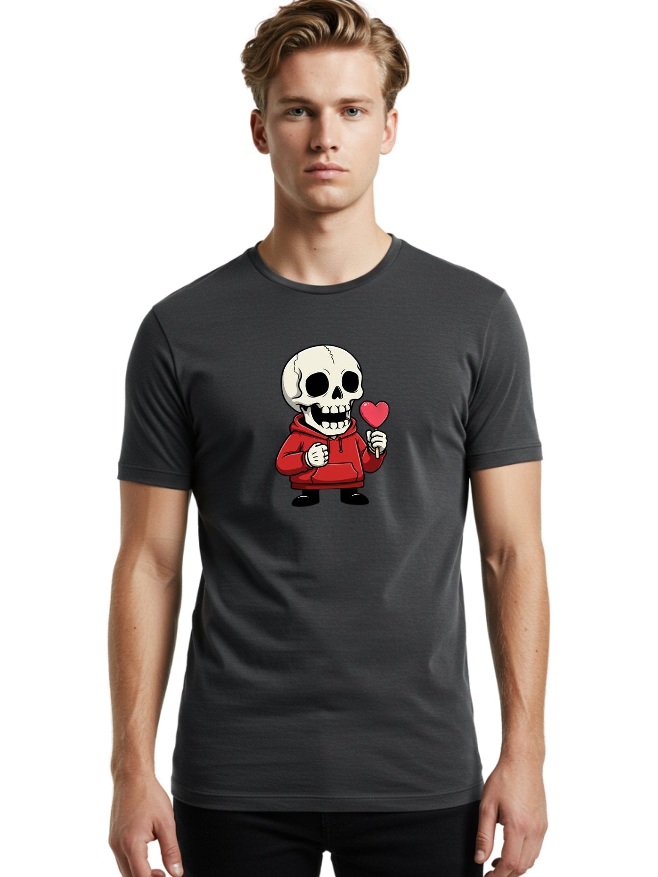 Skull-With-Heart-Lollipop Men'S Graphic Tee, 100% Cotton, Comfortable Casual Summer Wear, Machine Washable, Cartoon Skull, Red Hoodie, Heart-Shaped Lollipop, Sweet Treats, Quirky Character, Friendly Skeleton, Candy On Stick, Cartoon Art, Bad610 25