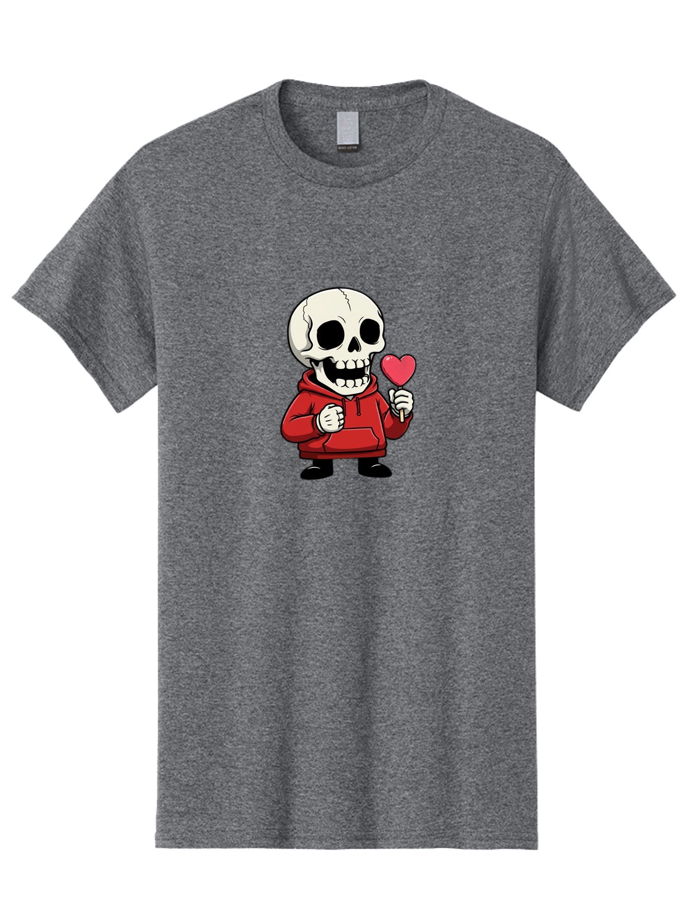 Skull-With-Heart-Lollipop Men'S Graphic Tee, 100% Cotton, Comfortable Casual Summer Wear, Machine Washable, Cartoon Skull, Red Hoodie, Heart-Shaped Lollipop, Sweet Treats, Quirky Character, Friendly Skeleton, Candy On Stick, Cartoon Art, Bad610 14