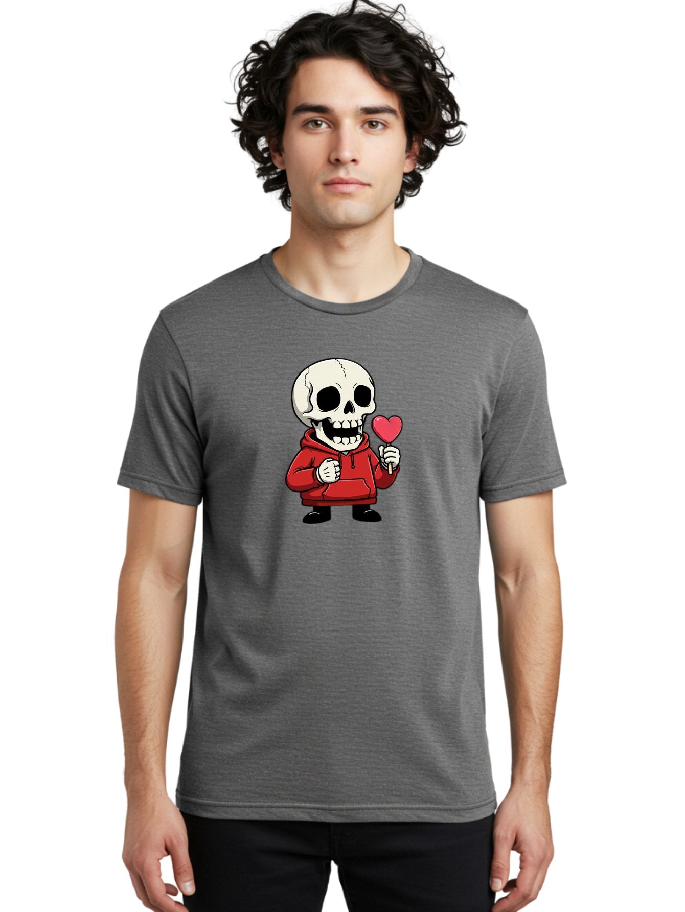 Skull-With-Heart-Lollipop Men'S Graphic Tee, 100% Cotton, Comfortable Casual Summer Wear, Machine Washable, Cartoon Skull, Red Hoodie, Heart-Shaped Lollipop, Sweet Treats, Quirky Character, Friendly Skeleton, Candy On Stick, Cartoon Art, Bad610 29