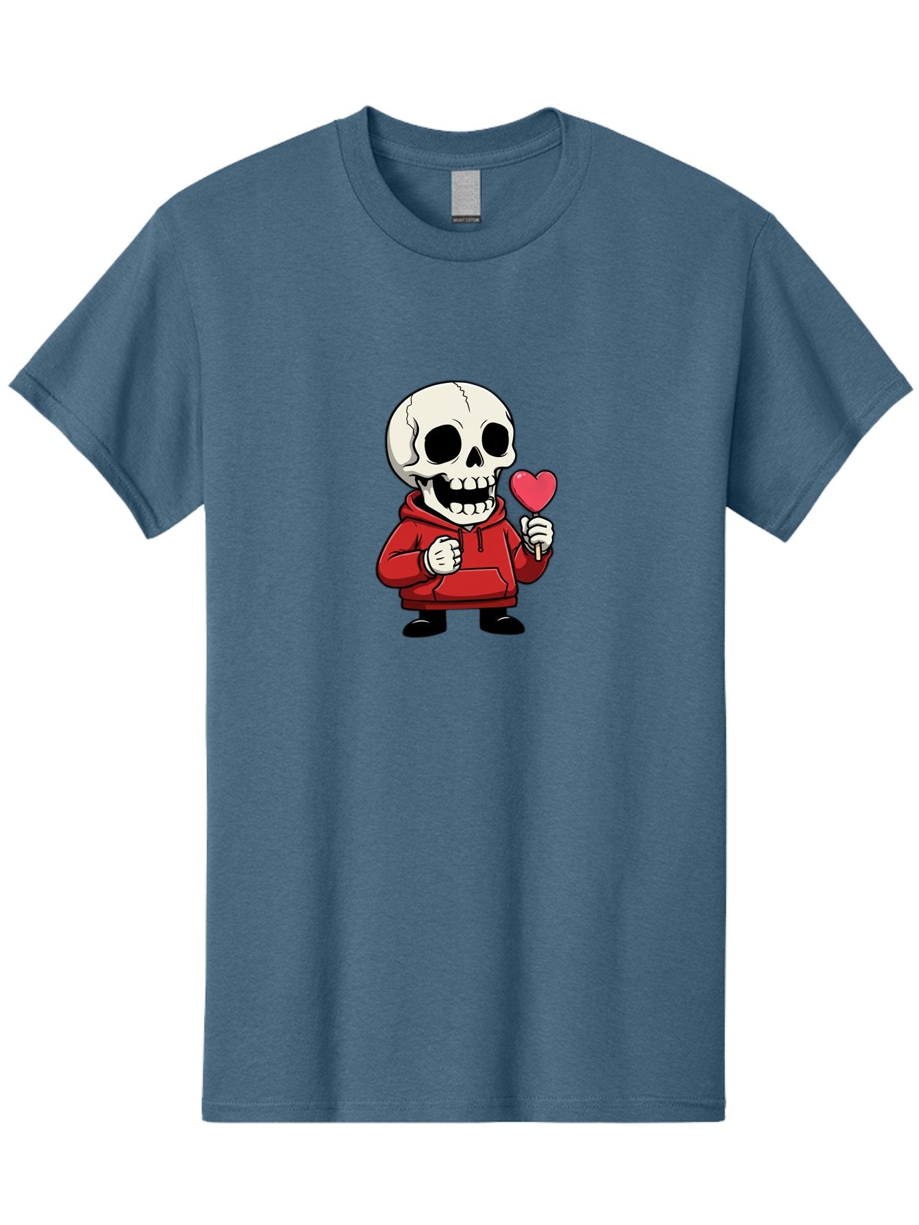 Skull-With-Heart-Lollipop Men'S Graphic Tee, 100% Cotton, Comfortable Casual Summer Wear, Machine Washable, Cartoon Skull, Red Hoodie, Heart-Shaped Lollipop, Sweet Treats, Quirky Character, Friendly Skeleton, Candy On Stick, Cartoon Art, Bad610