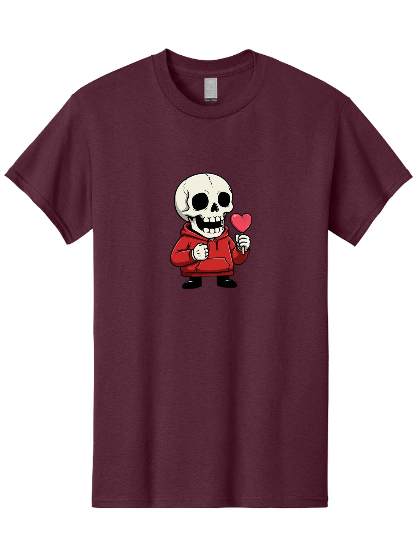 Skull-With-Heart-Lollipop Men'S Graphic Tee, 100% Cotton, Comfortable Casual Summer Wear, Machine Washable, Cartoon Skull, Red Hoodie, Heart-Shaped Lollipop, Sweet Treats, Quirky Character, Friendly Skeleton, Candy On Stick, Cartoon Art, Bad610 4