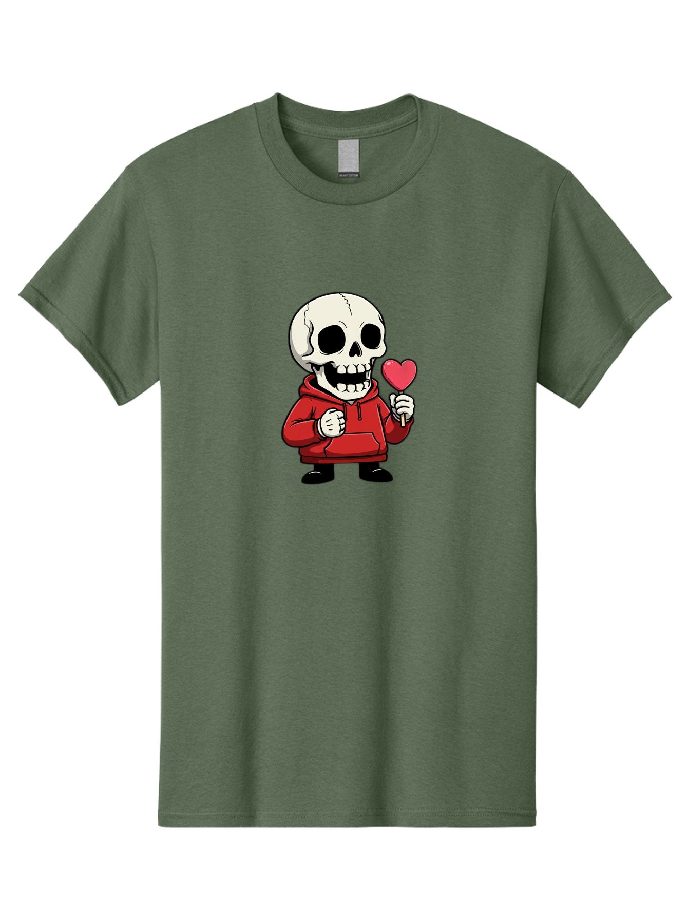 Skull-With-Heart-Lollipop Men'S Graphic Tee, 100% Cotton, Comfortable Casual Summer Wear, Machine Washable, Cartoon Skull, Red Hoodie, Heart-Shaped Lollipop, Sweet Treats, Quirky Character, Friendly Skeleton, Candy On Stick, Cartoon Art, Bad610 6