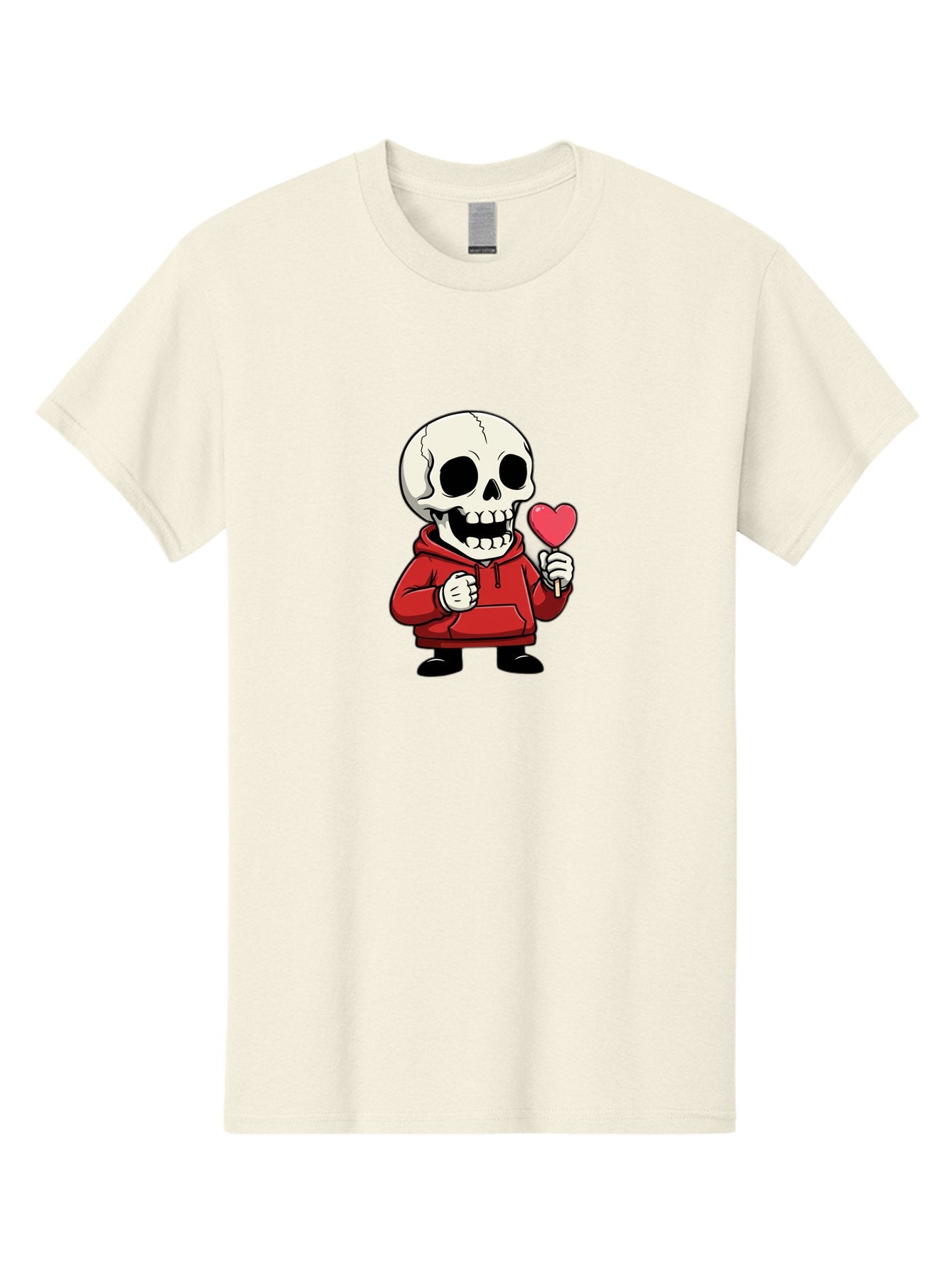 Skull-With-Heart-Lollipop Men'S Graphic Tee, 100% Cotton, Comfortable Casual Summer Wear, Machine Washable, Cartoon Skull, Red Hoodie, Heart-Shaped Lollipop, Sweet Treats, Quirky Character, Friendly Skeleton, Candy On Stick, Cartoon Art, Bad610 9