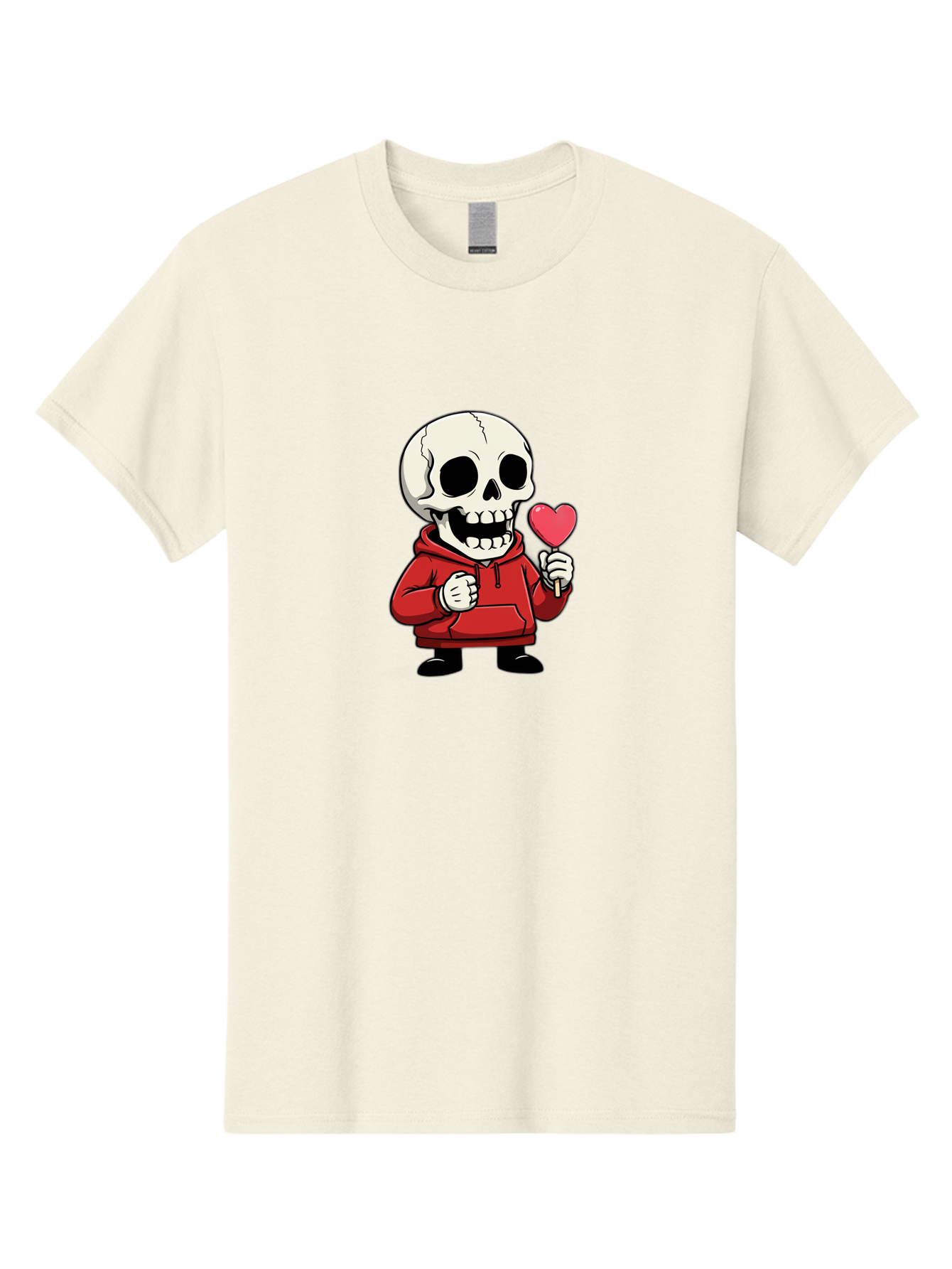 Skull-With-Heart-Lollipop Men'S Graphic Tee, 100% Cotton, Comfortable Casual Summer Wear, Machine Washable, Cartoon Skull, Red Hoodie, Heart-Shaped Lollipop, Sweet Treats, Quirky Character, Friendly Skeleton, Candy On Stick, Cartoon Art, Bad610 5