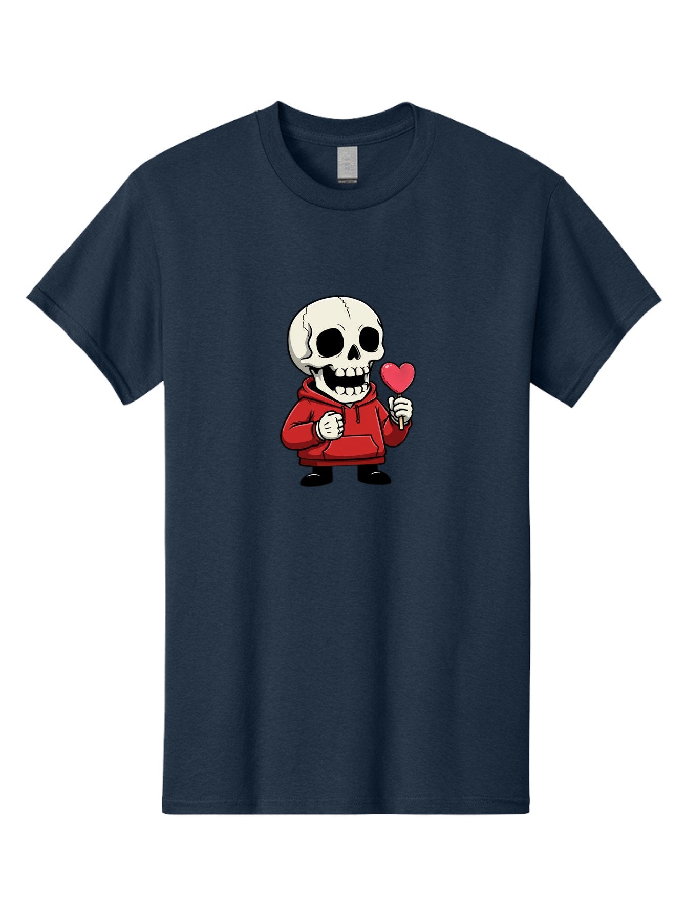 Skull-With-Heart-Lollipop Men'S Graphic Tee, 100% Cotton, Comfortable Casual Summer Wear, Machine Washable, Cartoon Skull, Red Hoodie, Heart-Shaped Lollipop, Sweet Treats, Quirky Character, Friendly Skeleton, Candy On Stick, Cartoon Art, Bad610