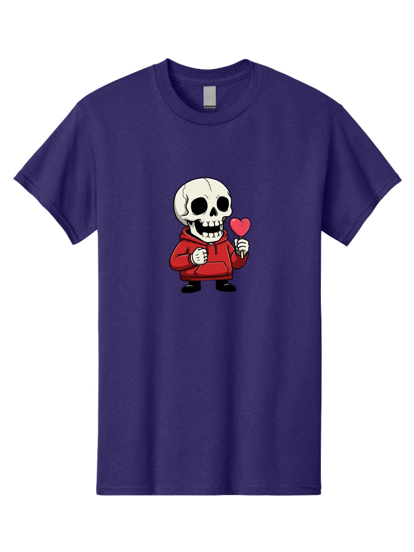 Skull-With-Heart-Lollipop Men'S Graphic Tee, 100% Cotton, Comfortable Casual Summer Wear, Machine Washable, Cartoon Skull, Red Hoodie, Heart-Shaped Lollipop, Sweet Treats, Quirky Character, Friendly Skeleton, Candy On Stick, Cartoon Art, Bad610 10
