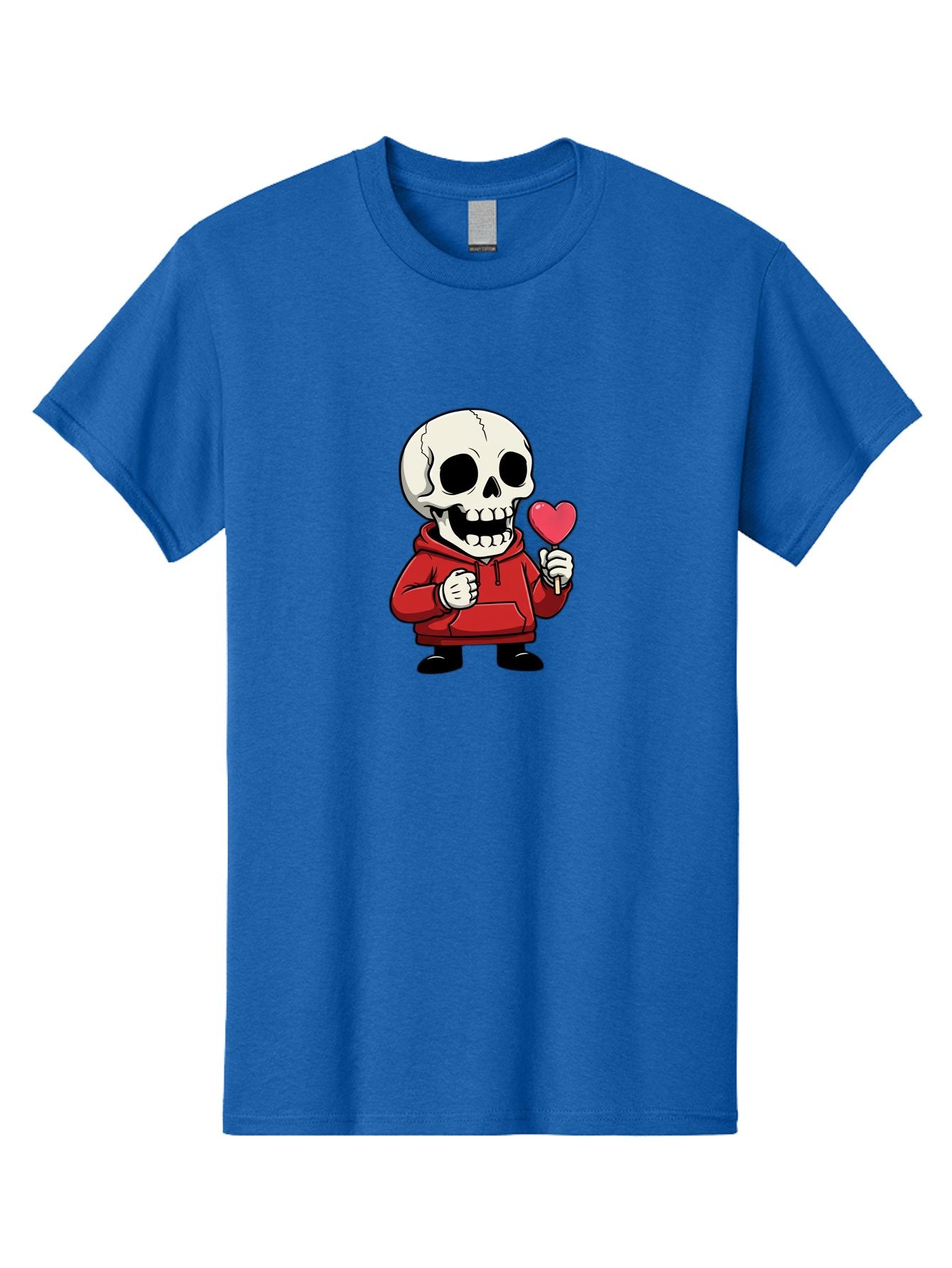 Skull-With-Heart-Lollipop Men'S Graphic Tee, 100% Cotton, Comfortable Casual Summer Wear, Machine Washable, Cartoon Skull, Red Hoodie, Heart-Shaped Lollipop, Sweet Treats, Quirky Character, Friendly Skeleton, Candy On Stick, Cartoon Art, Bad610 13