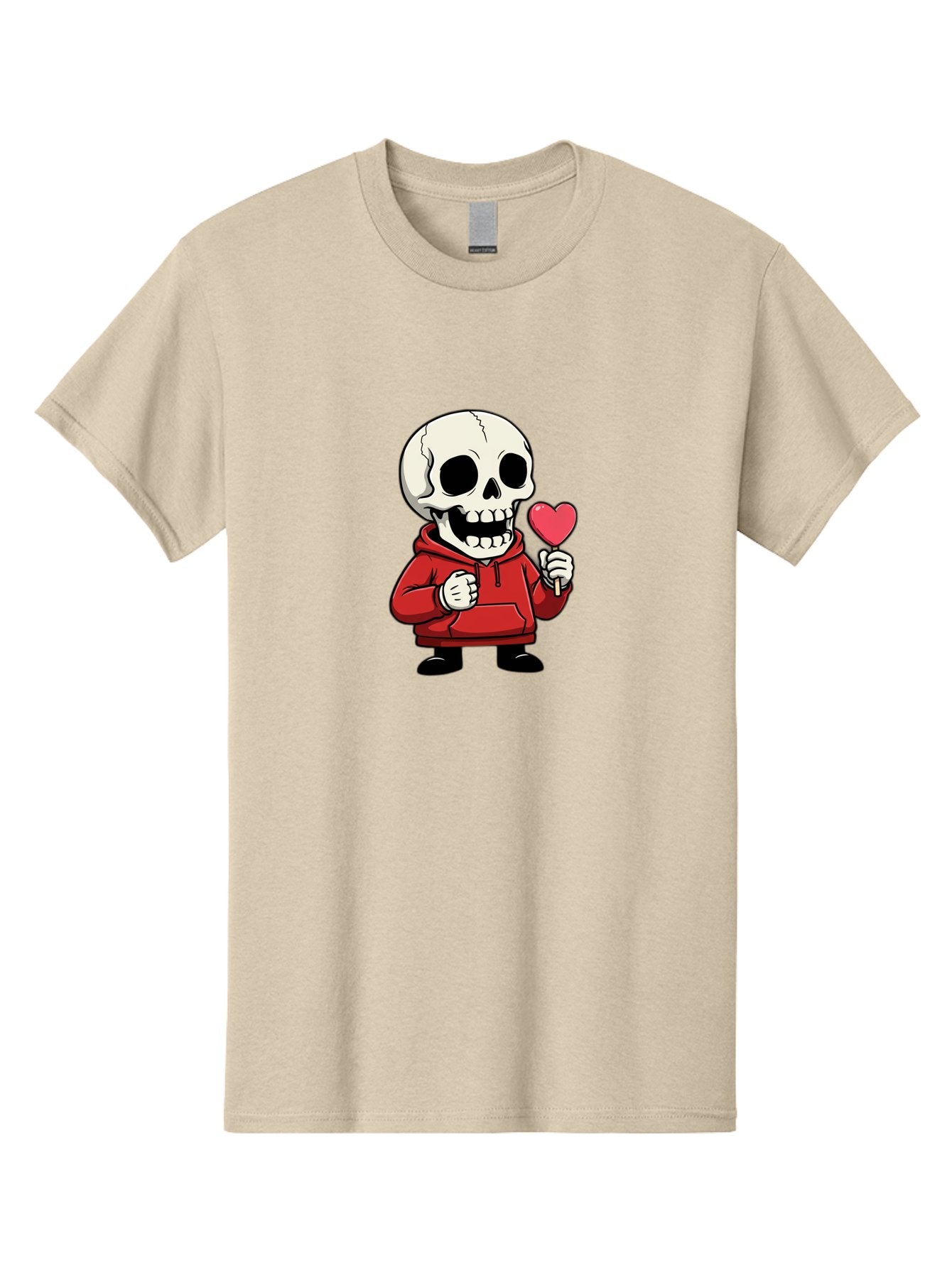 Skull-With-Heart-Lollipop Men'S Graphic Tee, 100% Cotton, Comfortable Casual Summer Wear, Machine Washable, Cartoon Skull, Red Hoodie, Heart-Shaped Lollipop, Sweet Treats, Quirky Character, Friendly Skeleton, Candy On Stick, Cartoon Art, Bad610 12