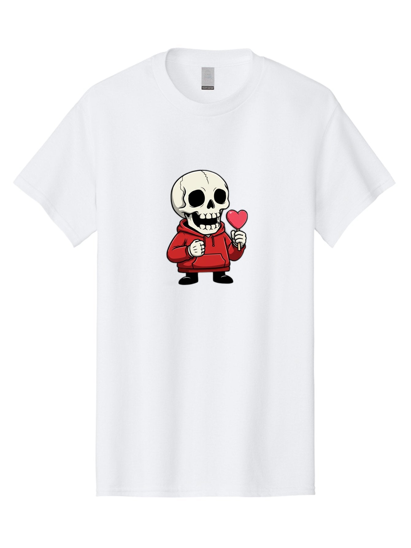 Skull-With-Heart-Lollipop Men'S Graphic Tee, 100% Cotton, Comfortable Casual Summer Wear, Machine Washable, Cartoon Skull, Red Hoodie, Heart-Shaped Lollipop, Sweet Treats, Quirky Character, Friendly Skeleton, Candy On Stick, Cartoon Art, Bad610 15