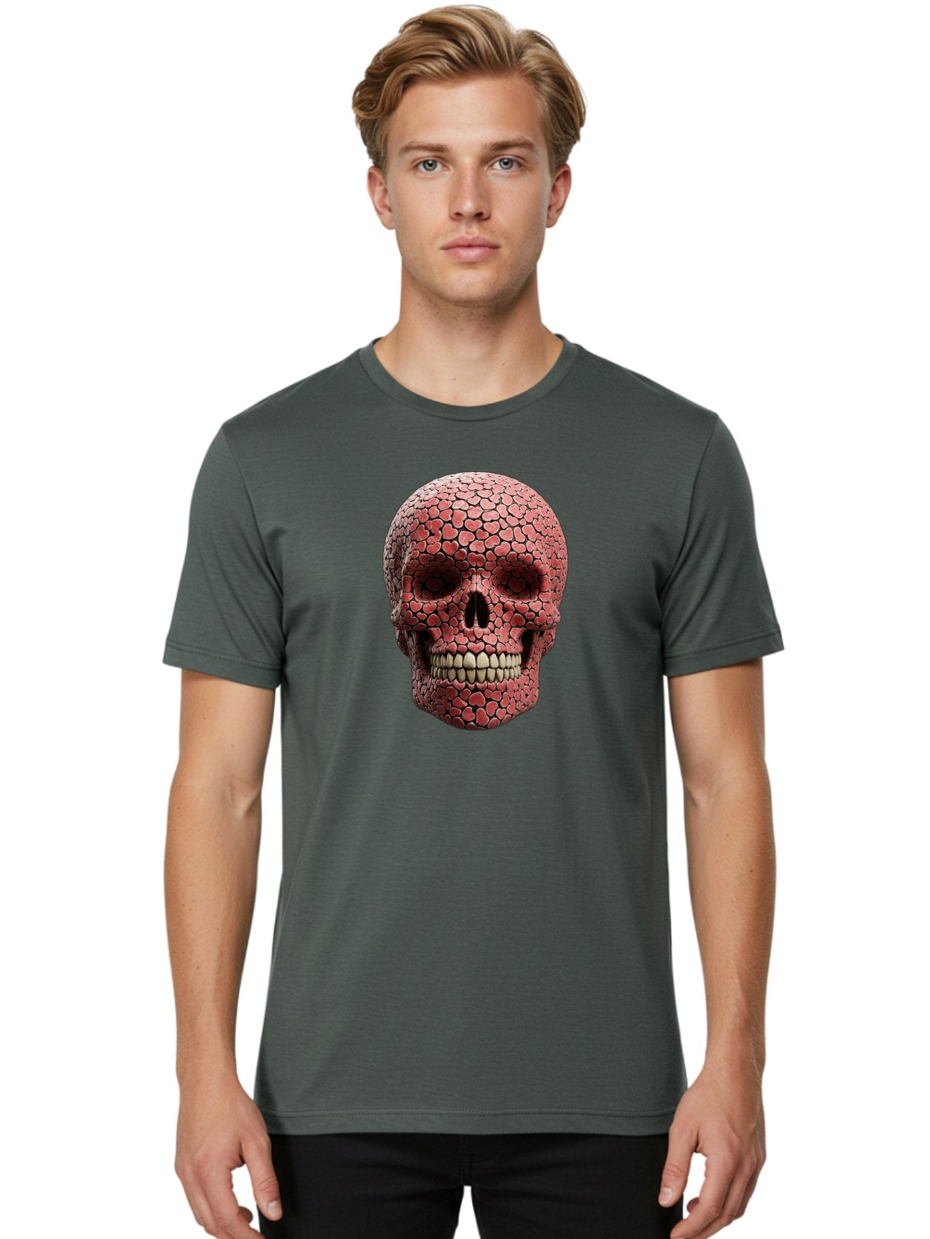 Skull-With-Hearts Men'S Graphic Tee, 100% Cotton, Comfortable Casual Summer Wear, Machine Washable, Skull Covered In Hearts, Red Hearts, Unique Design, Bold Art, Valentine'S Day Theme, Quirky Skull Art, 3D Illustration, Heart Pattern, Bad611 30