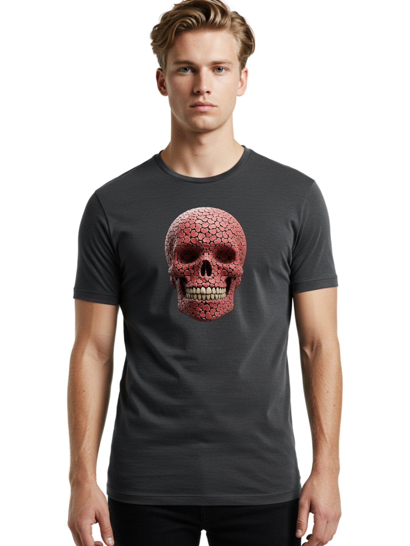 Skull-With-Hearts Men'S Graphic Tee, 100% Cotton, Comfortable Casual Summer Wear, Machine Washable, Skull Covered In Hearts, Red Hearts, Unique Design, Bold Art, Valentine'S Day Theme, Quirky Skull Art, 3D Illustration, Heart Pattern, Bad611 25