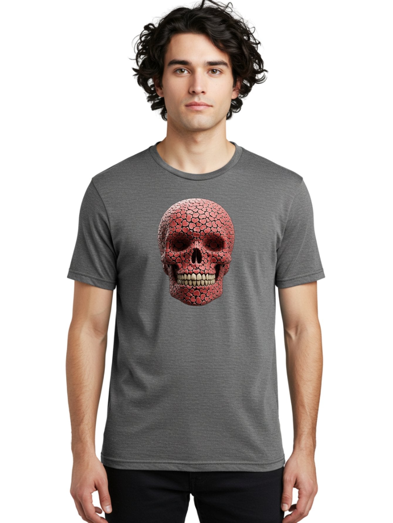 Skull-With-Hearts Men'S Graphic Tee, 100% Cotton, Comfortable Casual Summer Wear, Machine Washable, Skull Covered In Hearts, Red Hearts, Unique Design, Bold Art, Valentine'S Day Theme, Quirky Skull Art, 3D Illustration, Heart Pattern, Bad611 29