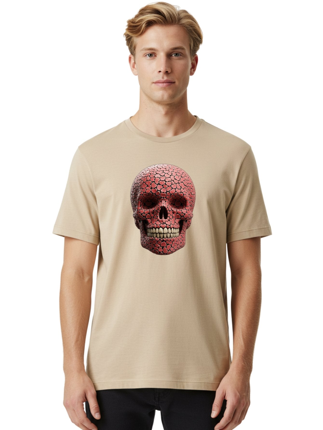 Skull-With-Hearts Men'S Graphic Tee, 100% Cotton, Comfortable Casual Summer Wear, Machine Washable, Skull Covered In Hearts, Red Hearts, Unique Design, Bold Art, Valentine'S Day Theme, Quirky Skull Art, 3D Illustration, Heart Pattern, Bad611 16