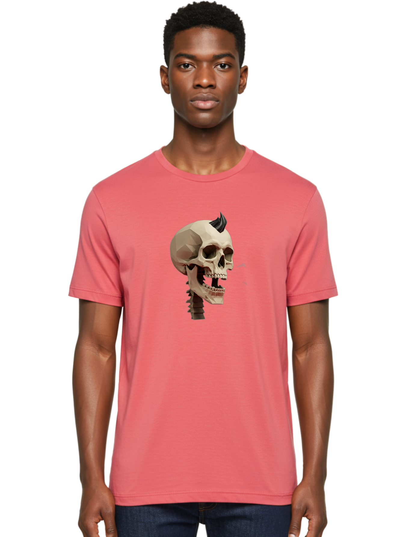 Skull-With-Mohawk Men'S Graphic Tee, 100% Cotton, Comfortable Casual Summer Wear, Machine Washable, Low Poly Skull, Geometric Shape, Punk Rock Style, Rock On, Low Poly Art, Gothic Skull, Punk Aesthetic, 3D Model, Skull Design Bad612 18
