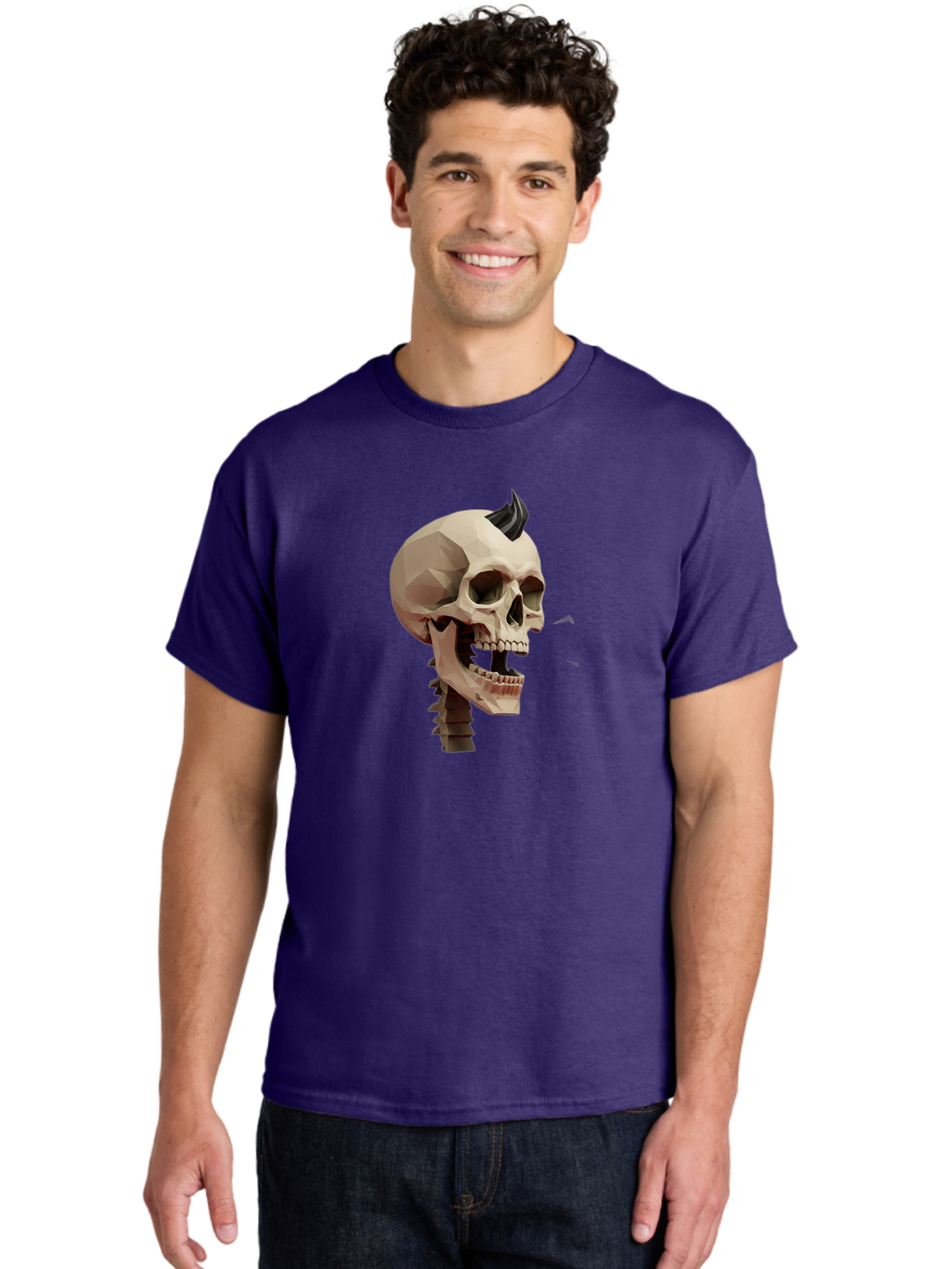 Skull-With-Mohawk Men'S Graphic Tee, 100% Cotton, Comfortable Casual Summer Wear, Machine Washable, Low Poly Skull, Geometric Shape, Punk Rock Style, Rock On, Low Poly Art, Gothic Skull, Punk Aesthetic, 3D Model, Skull Design Bad612 17