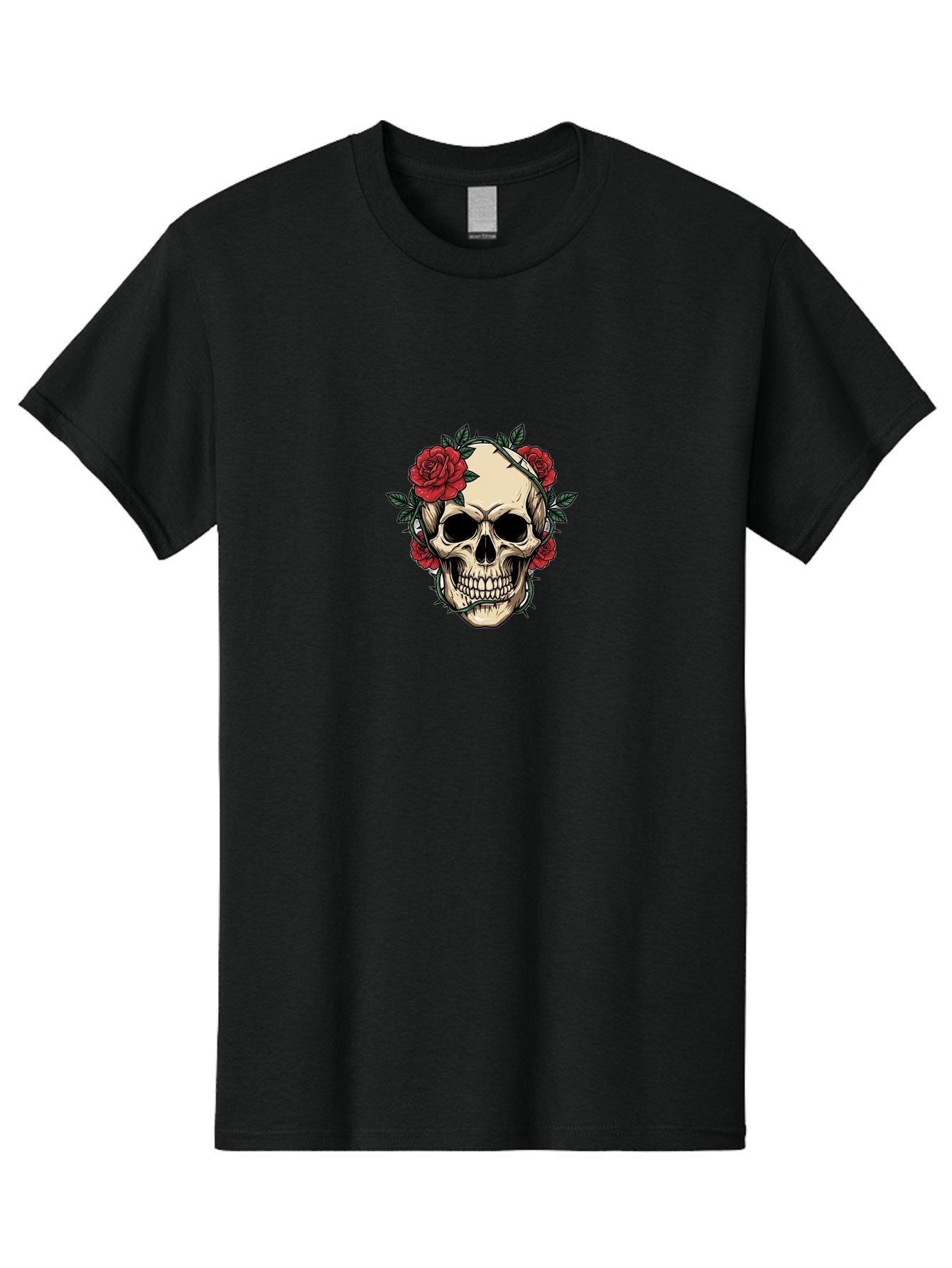 Skull-With-Roses-1 Men'S Graphic Tee, 100% Cotton, Comfortable Casual Summer Wear, Machine Washable, Skull With Flowers, Rose Wreath, Gothic Style, Human Skull, Floral Decoration, Tattoo Art, Dark Aesthetics, Symbolism, Mysterious Vibes, Bad614 14