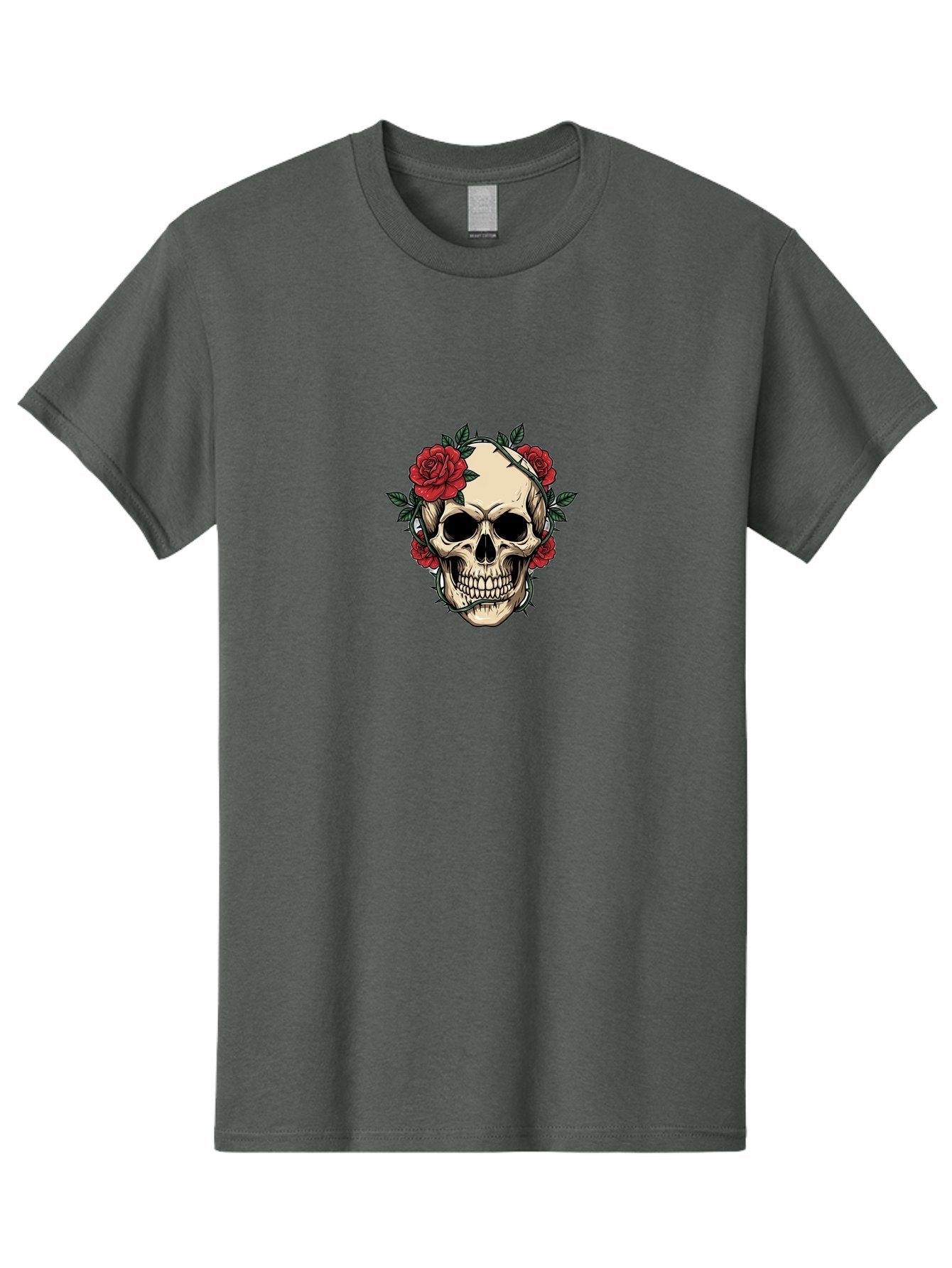 Skull-With-Roses-1 Men'S Graphic Tee, 100% Cotton, Comfortable Casual Summer Wear, Machine Washable, Skull With Flowers, Rose Wreath, Gothic Style, Human Skull, Floral Decoration, Tattoo Art, Dark Aesthetics, Symbolism, Mysterious Vibes, Bad614 12
