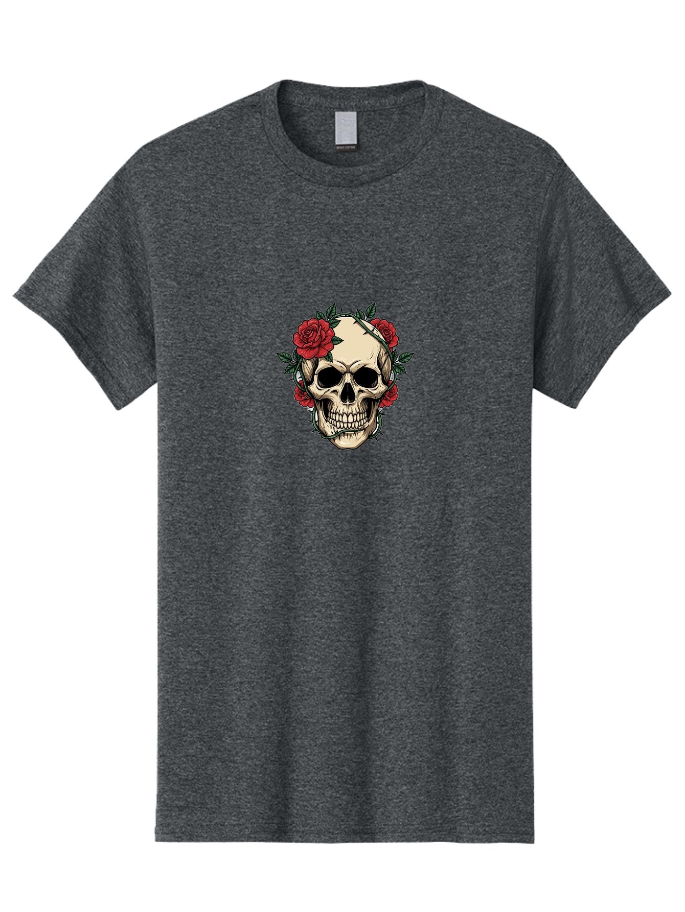 Skull-With-Roses-1 Men'S Graphic Tee, 100% Cotton, Comfortable Casual Summer Wear, Machine Washable, Skull With Flowers, Rose Wreath, Gothic Style, Human Skull, Floral Decoration, Tattoo Art, Dark Aesthetics, Symbolism, Mysterious Vibes, Bad614 4