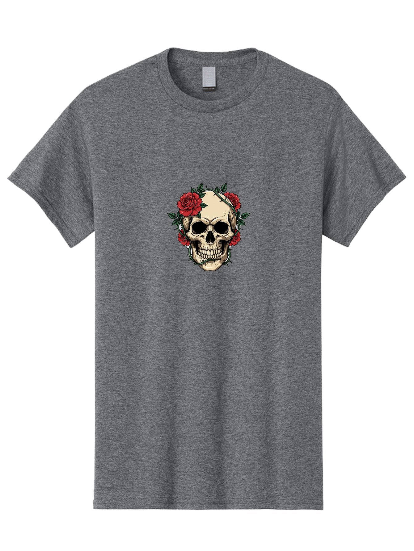 Skull-With-Roses-1 Men'S Graphic Tee, 100% Cotton, Comfortable Casual Summer Wear, Machine Washable, Skull With Flowers, Rose Wreath, Gothic Style, Human Skull, Floral Decoration, Tattoo Art, Dark Aesthetics, Symbolism, Mysterious Vibes, Bad614 11