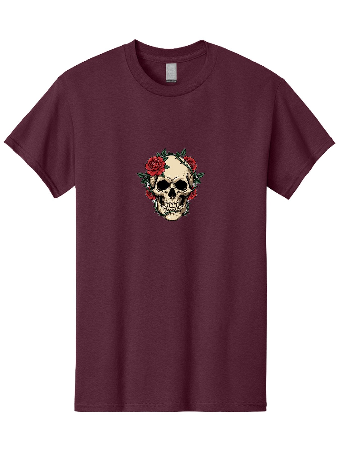 Skull-With-Roses-1 Men'S Graphic Tee, 100% Cotton, Comfortable Casual Summer Wear, Machine Washable, Skull With Flowers, Rose Wreath, Gothic Style, Human Skull, Floral Decoration, Tattoo Art, Dark Aesthetics, Symbolism, Mysterious Vibes, Bad614 10