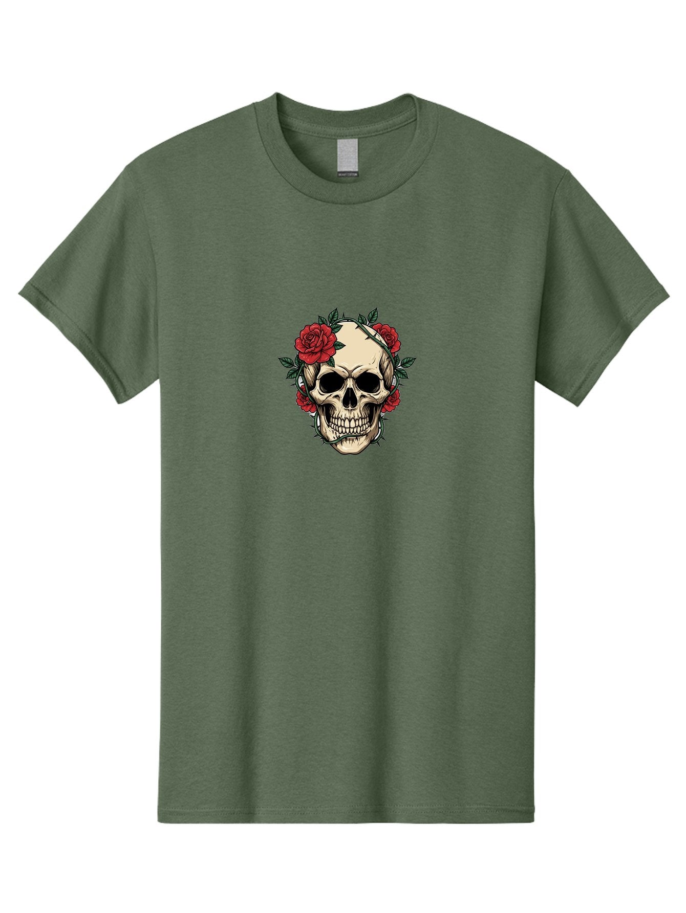Skull-With-Roses-1 Men'S Graphic Tee, 100% Cotton, Comfortable Casual Summer Wear, Machine Washable, Skull With Flowers, Rose Wreath, Gothic Style, Human Skull, Floral Decoration, Tattoo Art, Dark Aesthetics, Symbolism, Mysterious Vibes, Bad614
