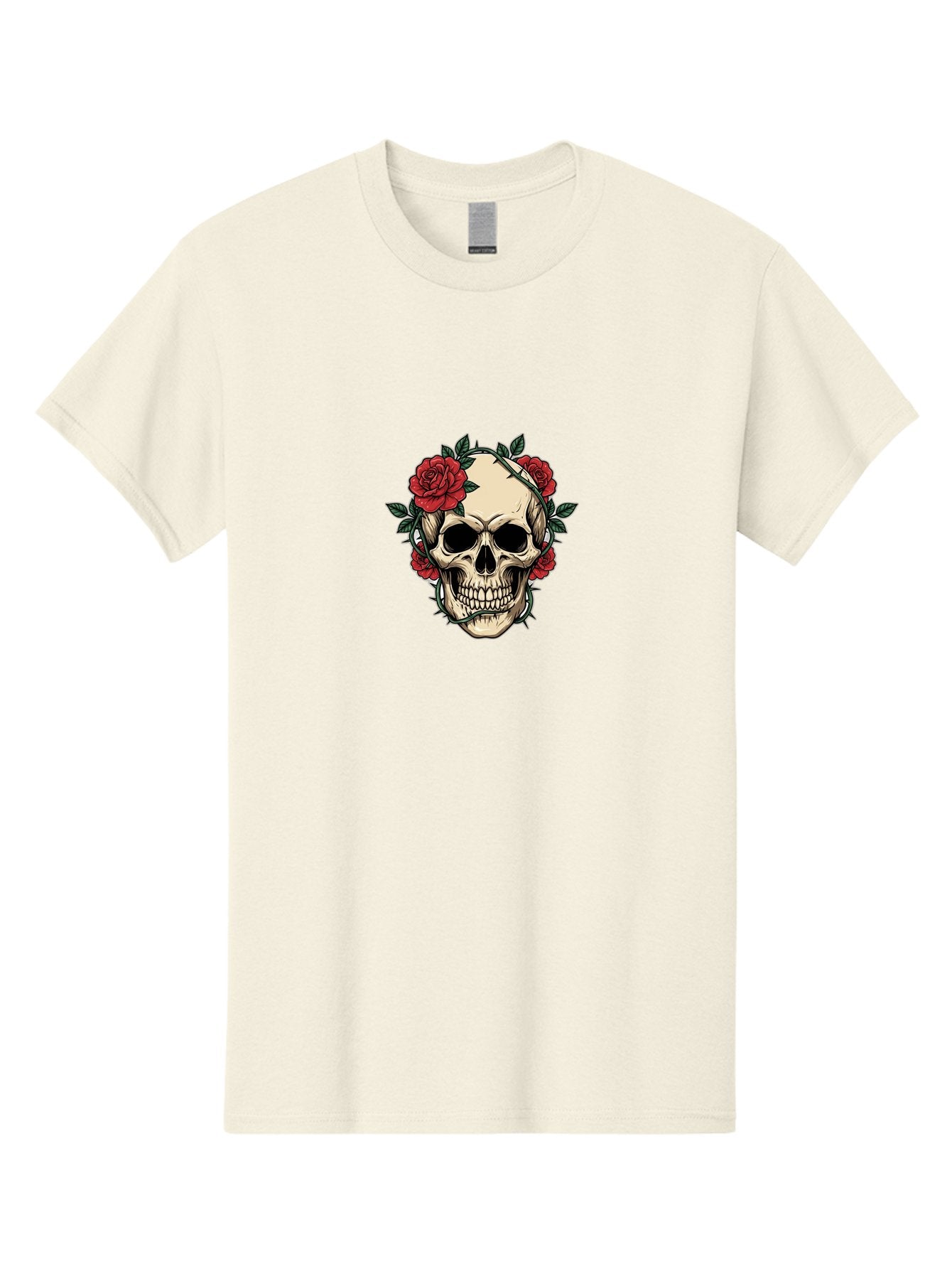 Skull-With-Roses-1 Men'S Graphic Tee, 100% Cotton, Comfortable Casual Summer Wear, Machine Washable, Skull With Flowers, Rose Wreath, Gothic Style, Human Skull, Floral Decoration, Tattoo Art, Dark Aesthetics, Symbolism, Mysterious Vibes, Bad614 5