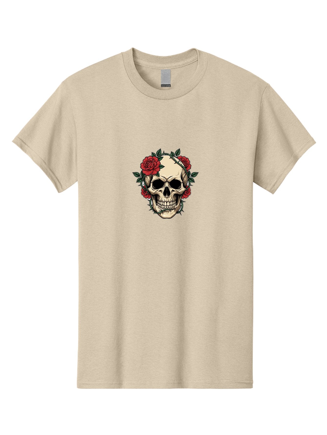Skull-With-Roses-1 Men'S Graphic Tee, 100% Cotton, Comfortable Casual Summer Wear, Machine Washable, Skull With Flowers, Rose Wreath, Gothic Style, Human Skull, Floral Decoration, Tattoo Art, Dark Aesthetics, Symbolism, Mysterious Vibes, Bad614 15