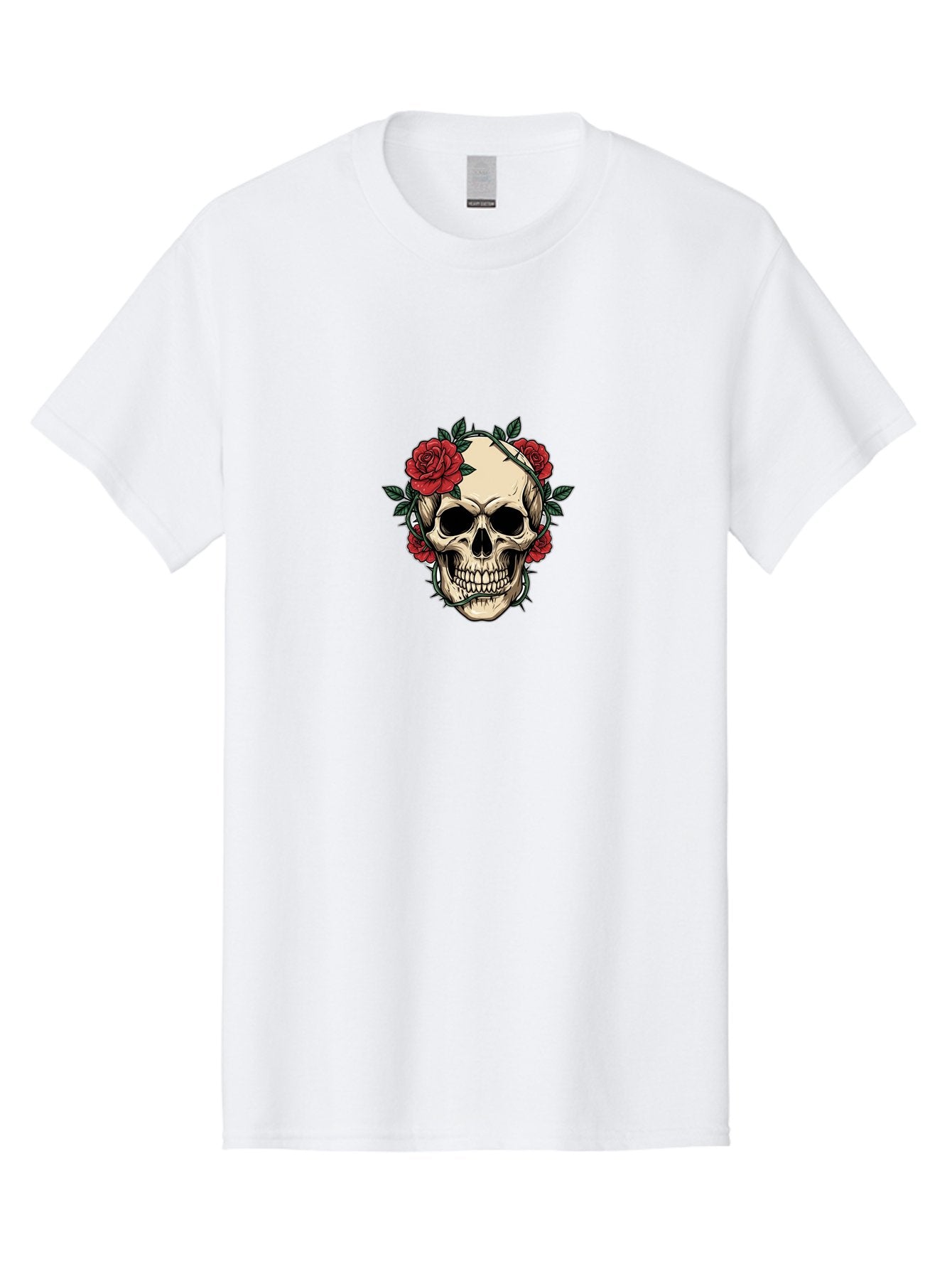 Skull-With-Roses-1 Men'S Graphic Tee, 100% Cotton, Comfortable Casual Summer Wear, Machine Washable, Skull With Flowers, Rose Wreath, Gothic Style, Human Skull, Floral Decoration, Tattoo Art, Dark Aesthetics, Symbolism, Mysterious Vibes, Bad614